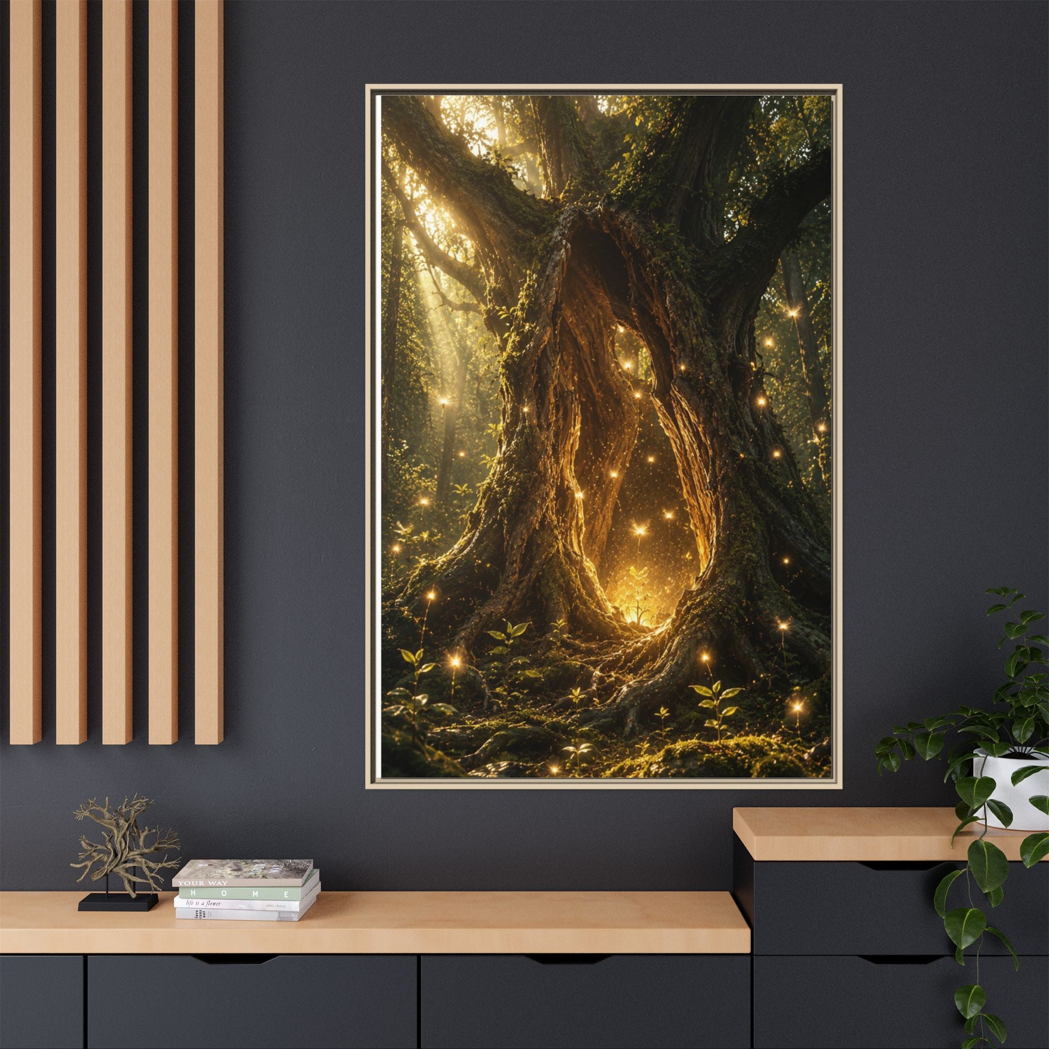 Framed Canvas Art - Enchanted Forest Tree with Glowing Fireflies