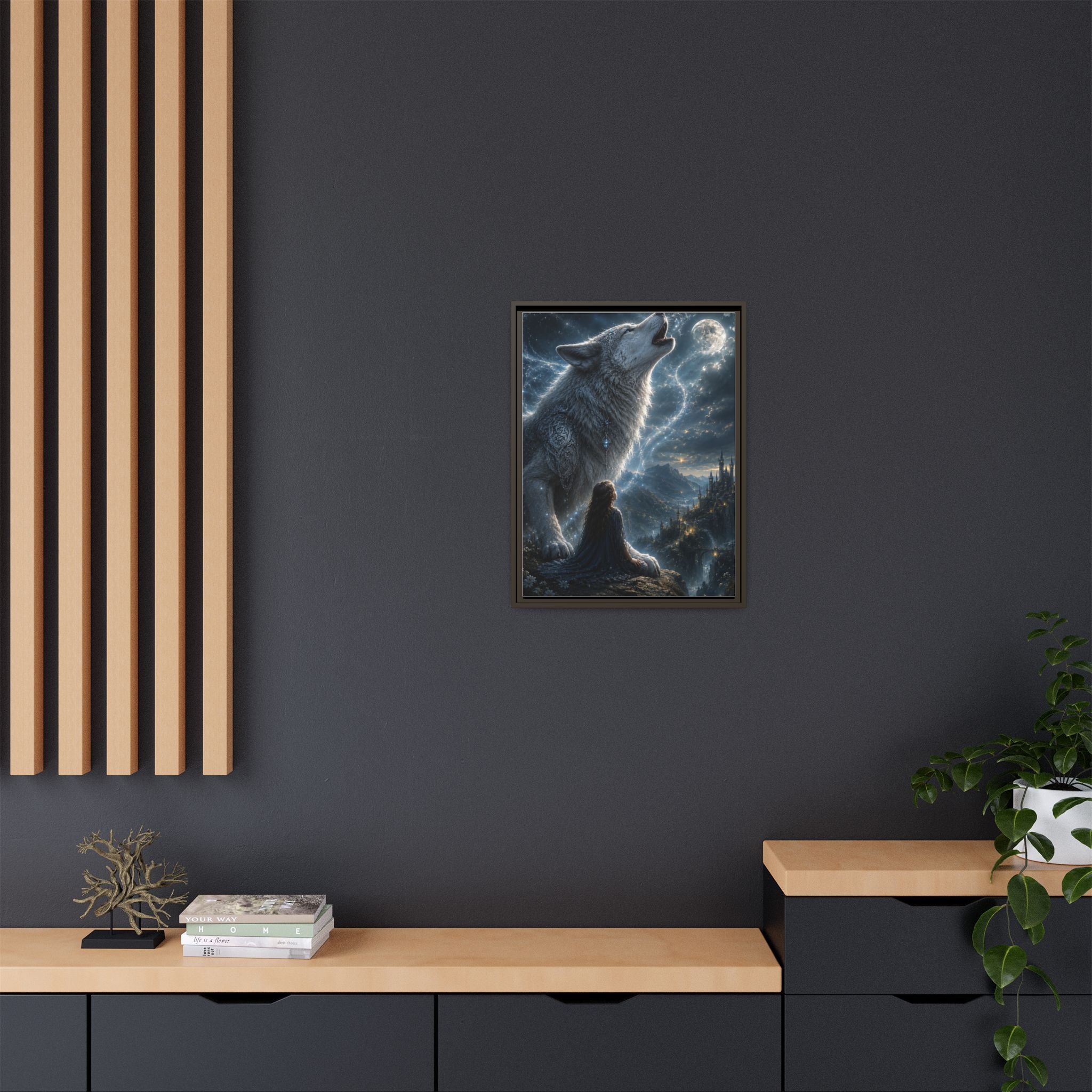 Howling Wolf Moon Matte Canvas Print — Framed Fantasy Wall Art