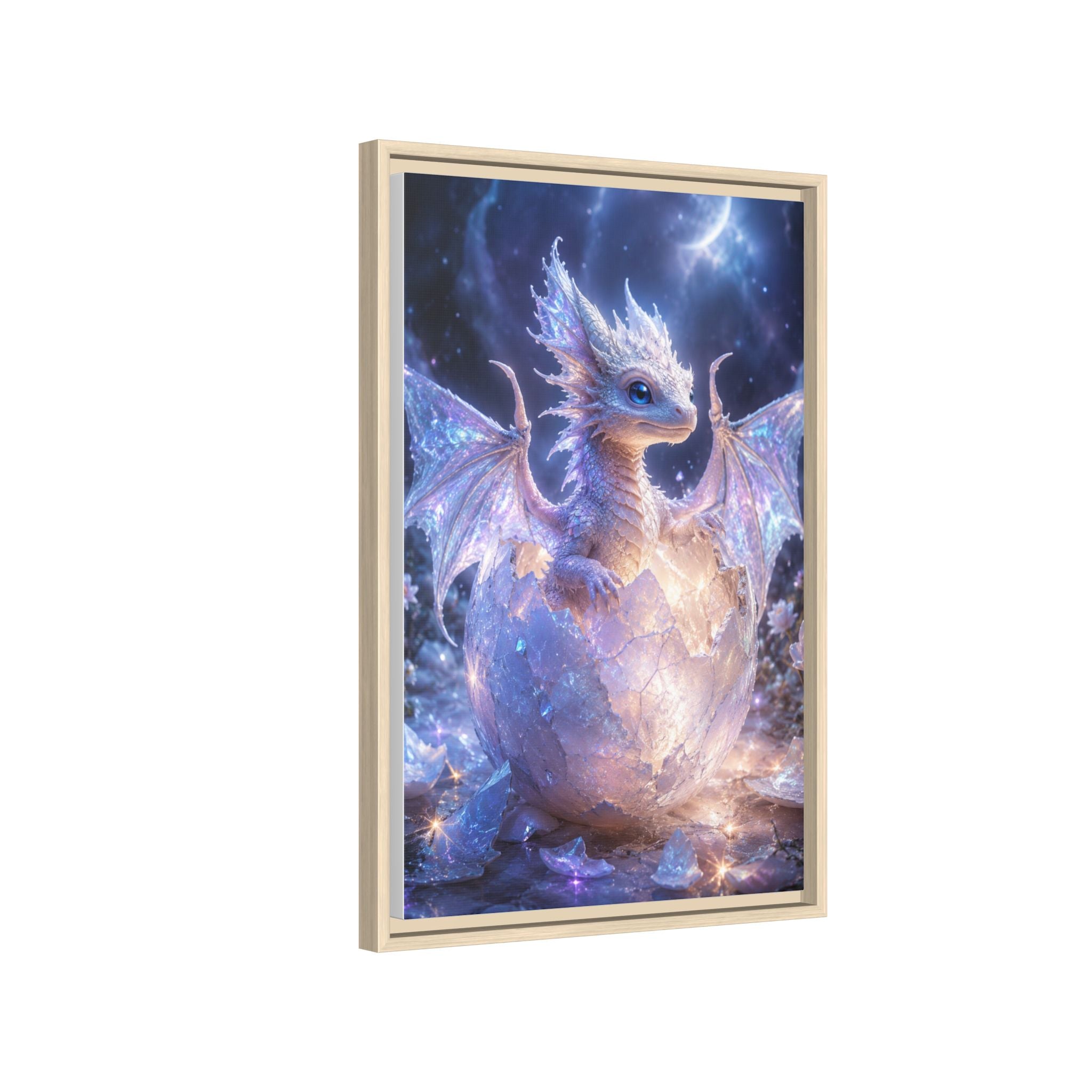 Framed Fantasy Dragon Canvas Print — Mystical Baby Dragon in Cracked Egg Wall Art