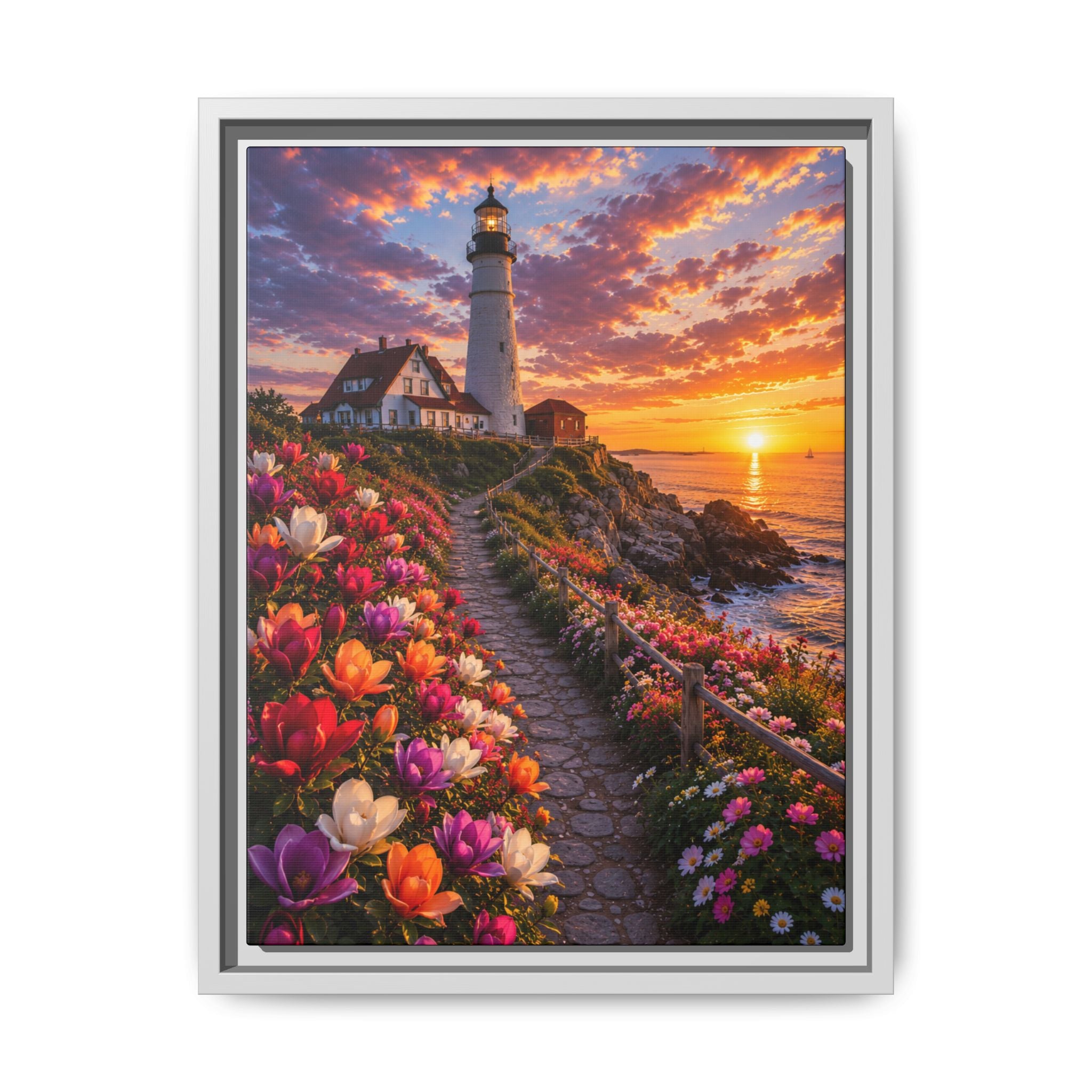 Framed Lighthouse Canvas Print — Coastal Sunset Garden Wall Art