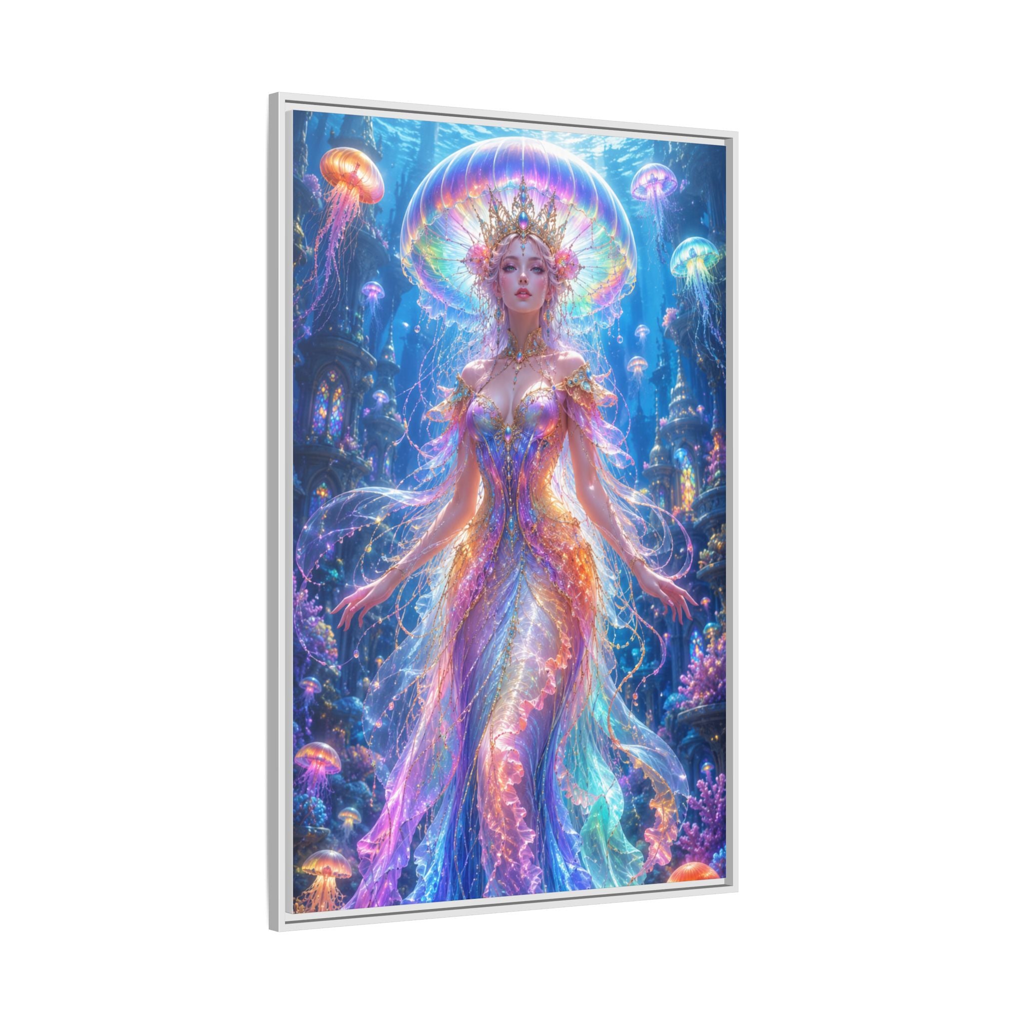 Jellyfish Queen Framed Canvas Art — Vibrant Mermaid Goddess Wall Print