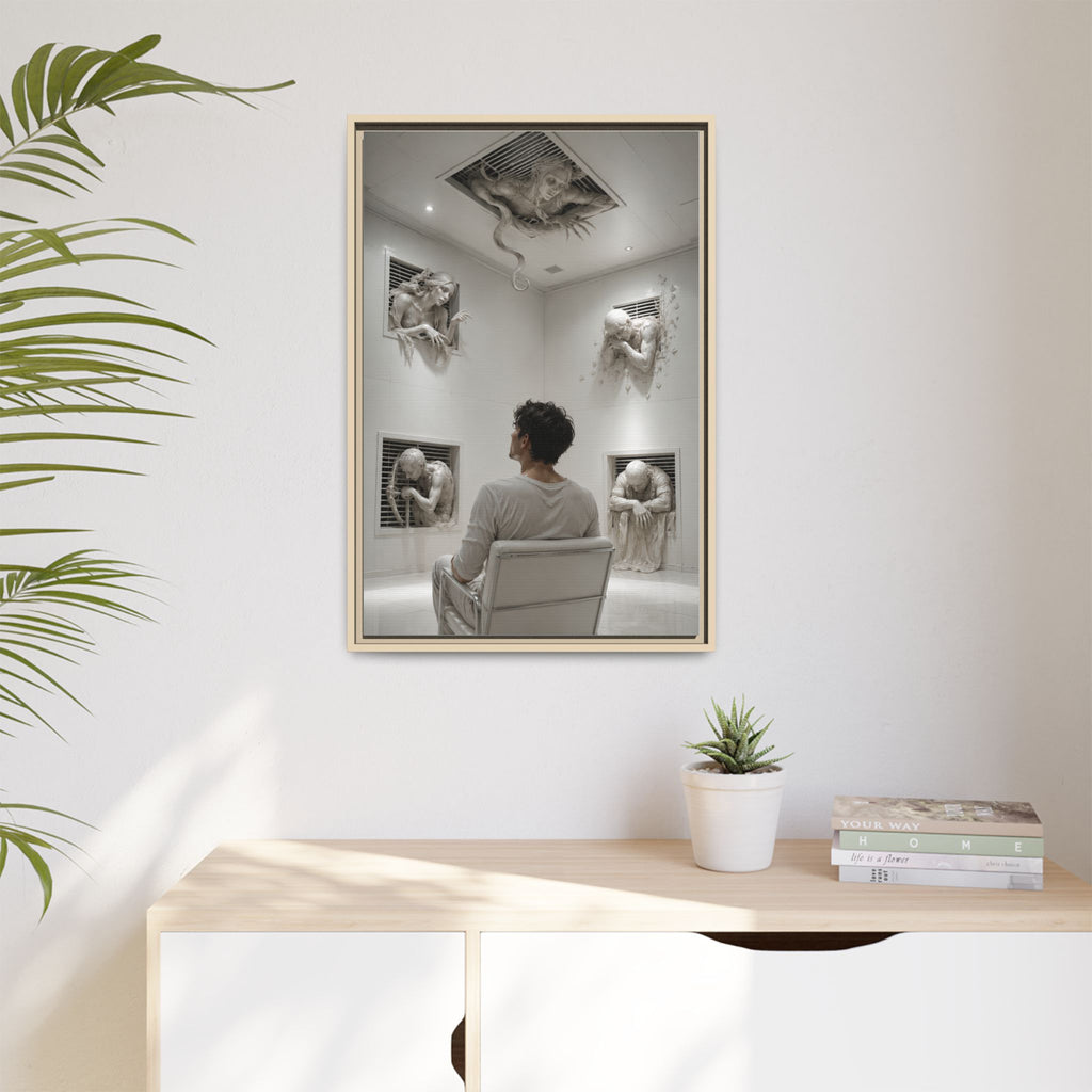 Surreal Wall Art Canvas — Man in Gallery with Sculpted Figures, Framed Matte Print