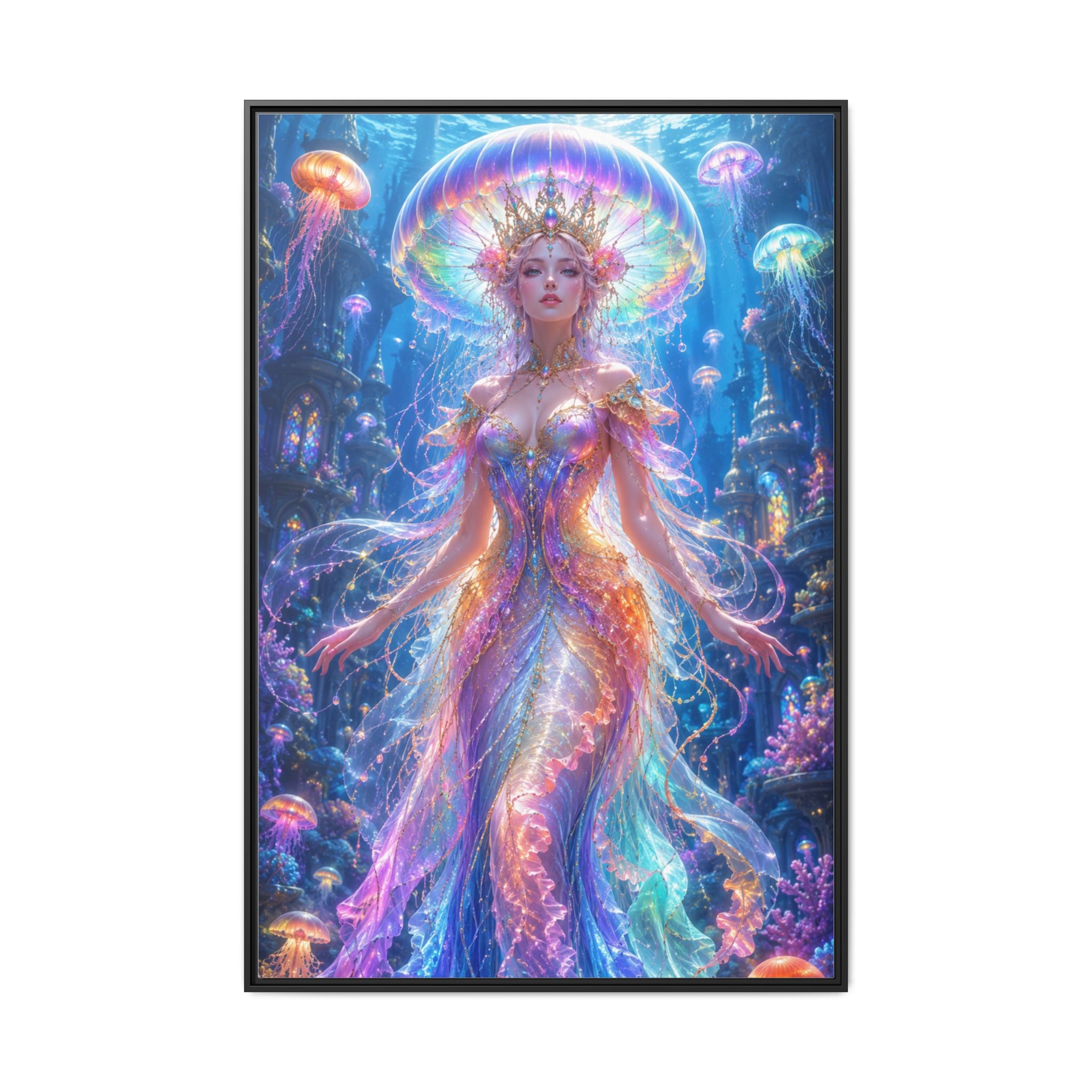 Jellyfish Queen Framed Canvas Art — Vibrant Mermaid Goddess Wall Print