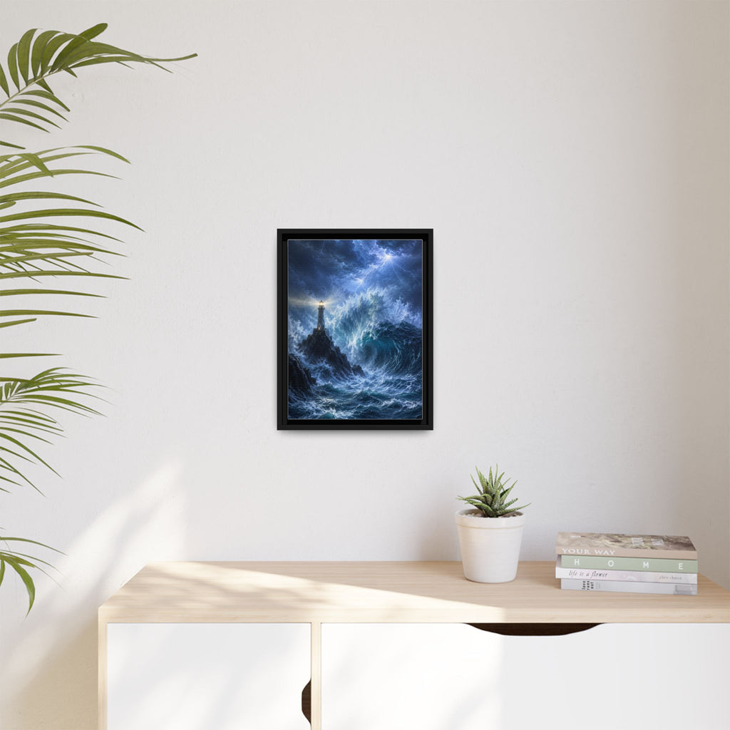 Framed Matte Canvas – Stormy Lighthouse Ocean Print