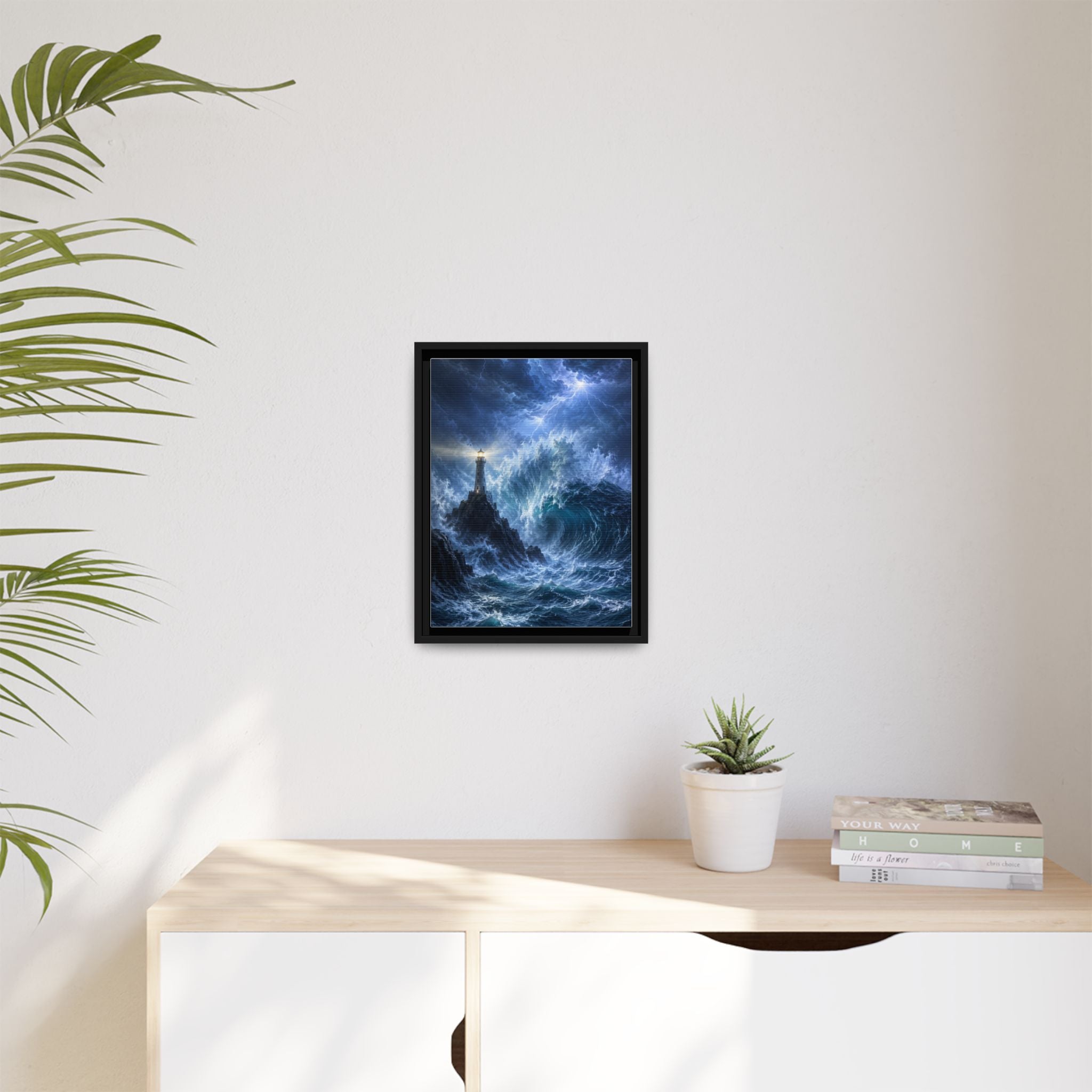 Framed Matte Canvas – Stormy Lighthouse Ocean Print