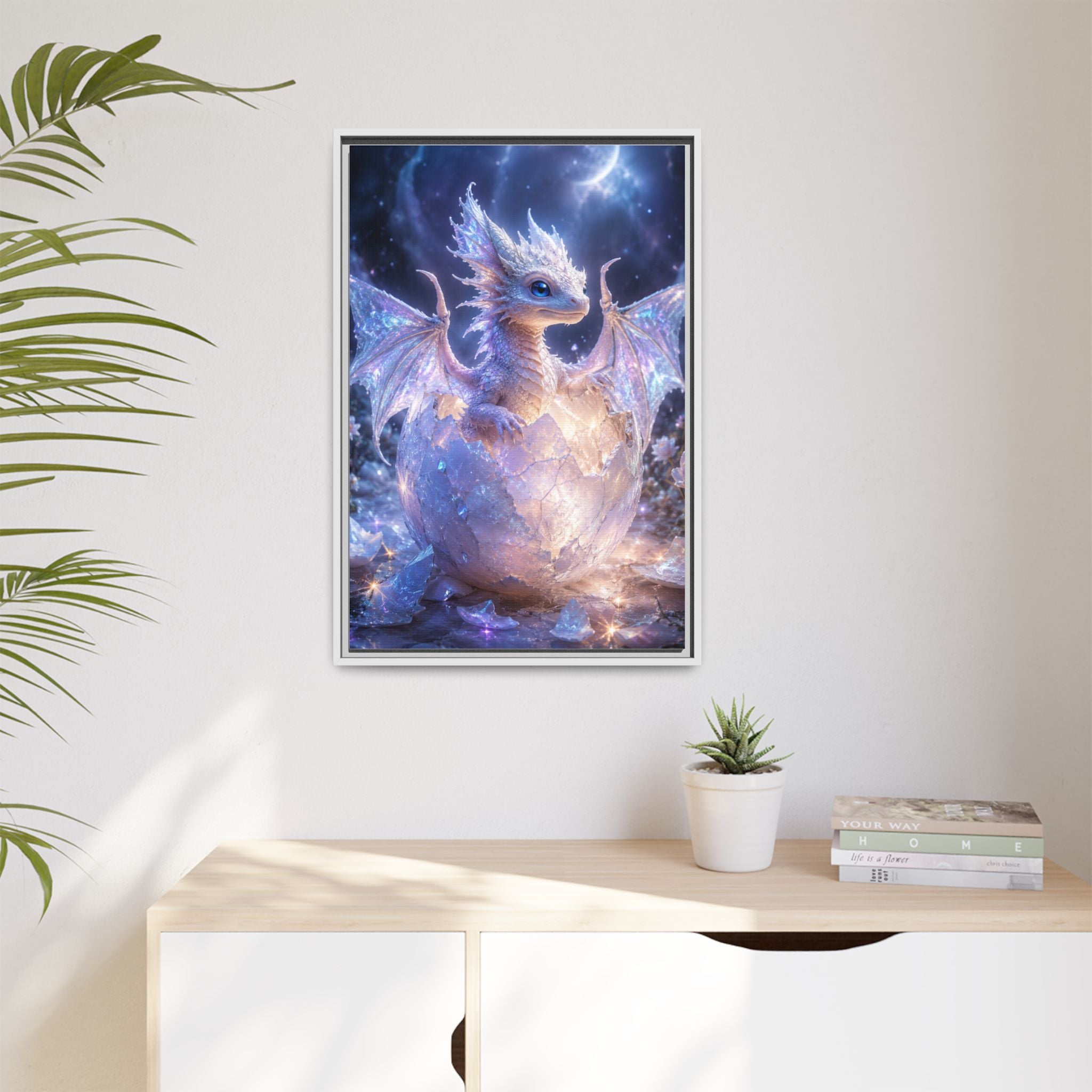 Framed Fantasy Dragon Canvas Print — Mystical Baby Dragon in Cracked Egg Wall Art