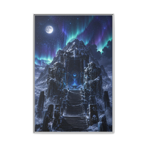 Aurora Mountain Fortress Matte Canvas Print (Framed) — Fantasy Nightscape Wall Art