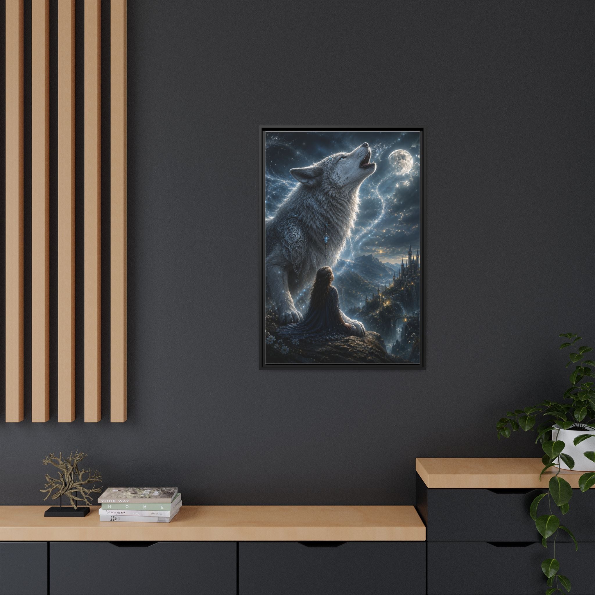 Howling Wolf Moon Matte Canvas Print — Framed Fantasy Wall Art