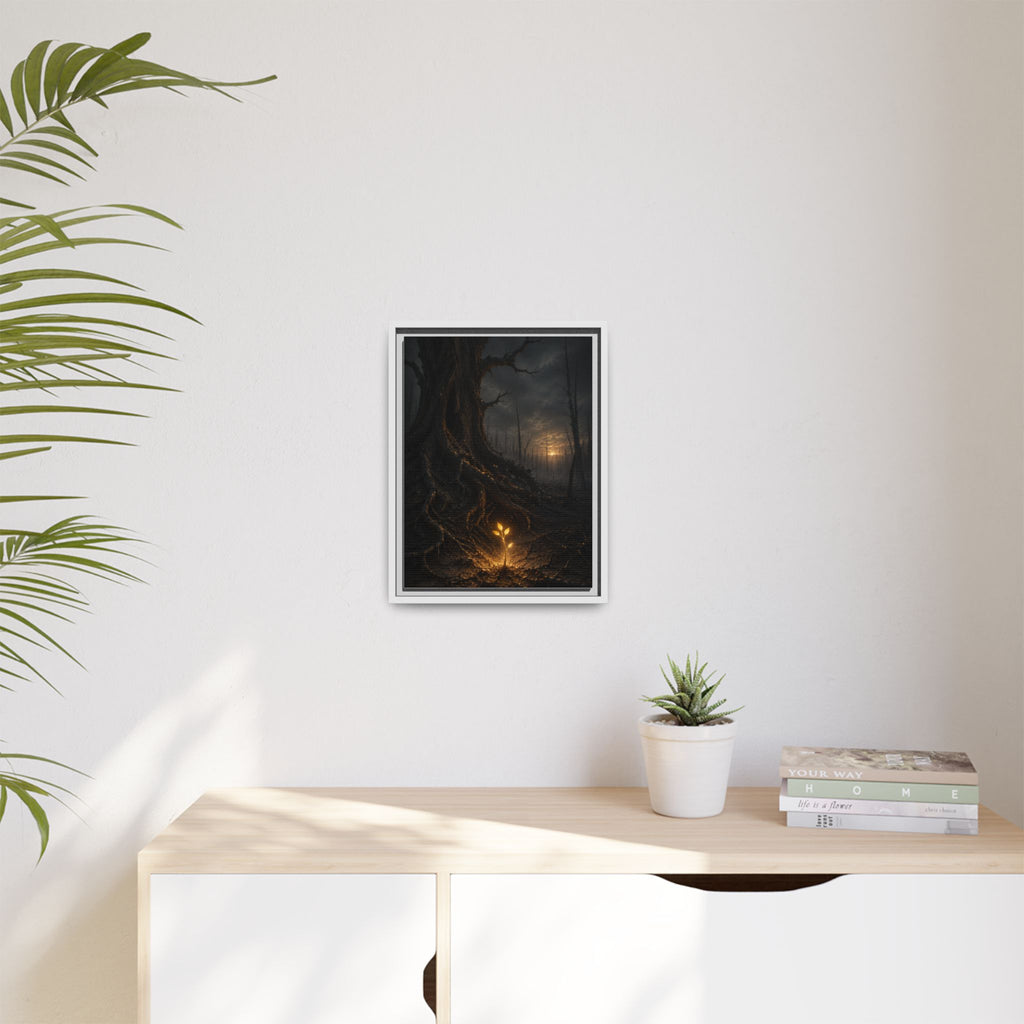 Framed Matte Canvas — Glow Sprout in Dark Forest (Ethereal Fantasy Wall Art)