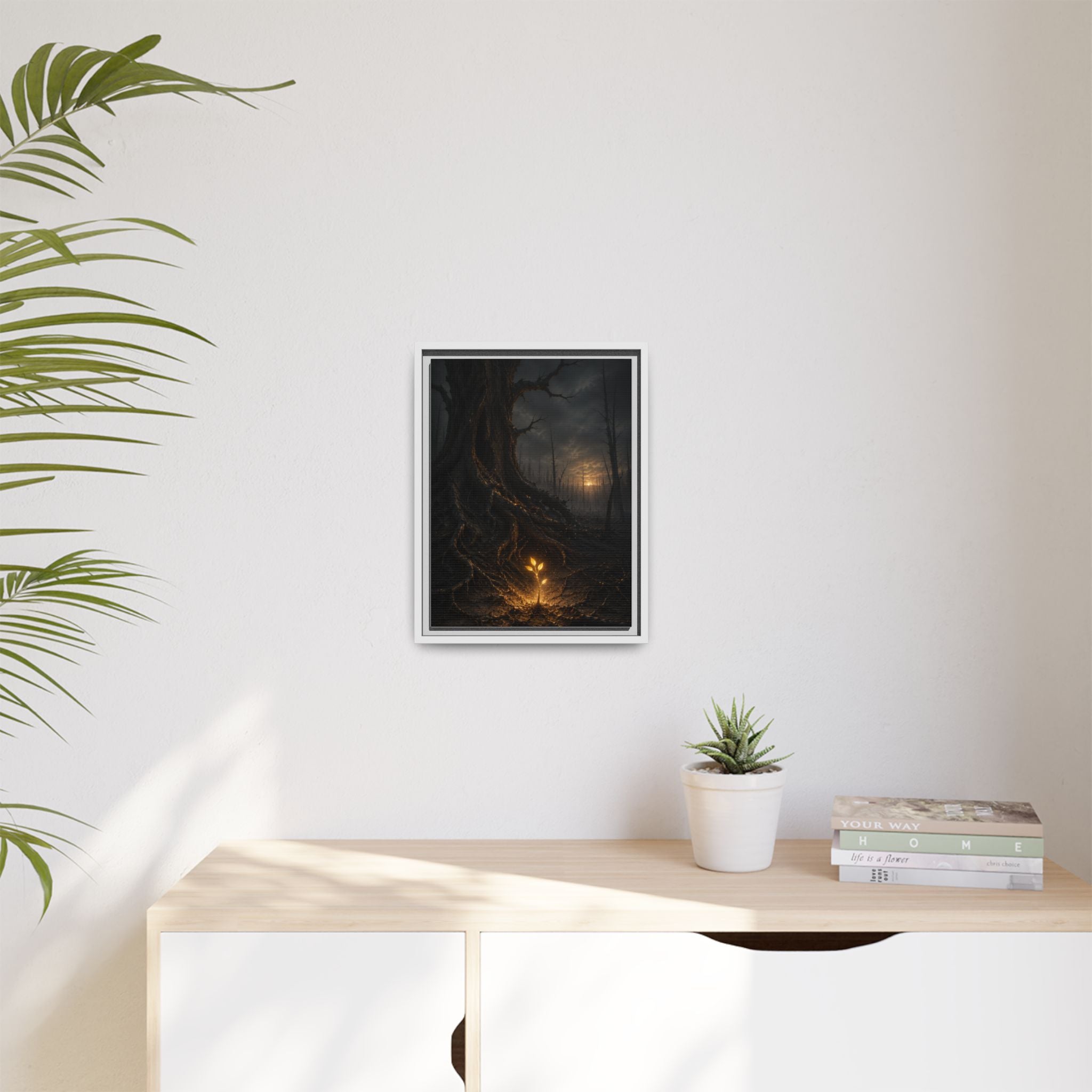 Framed Matte Canvas — Glow Sprout in Dark Forest (Ethereal Fantasy Wall Art)