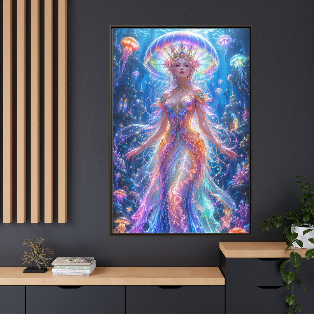 Jellyfish Queen Framed Canvas Art — Vibrant Mermaid Goddess Wall Print