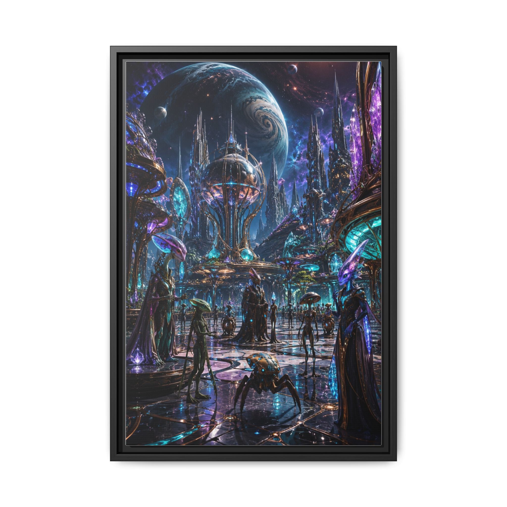 Framed Matte Canvas - Neon Sci‑Fi Cityscape Wall Art
