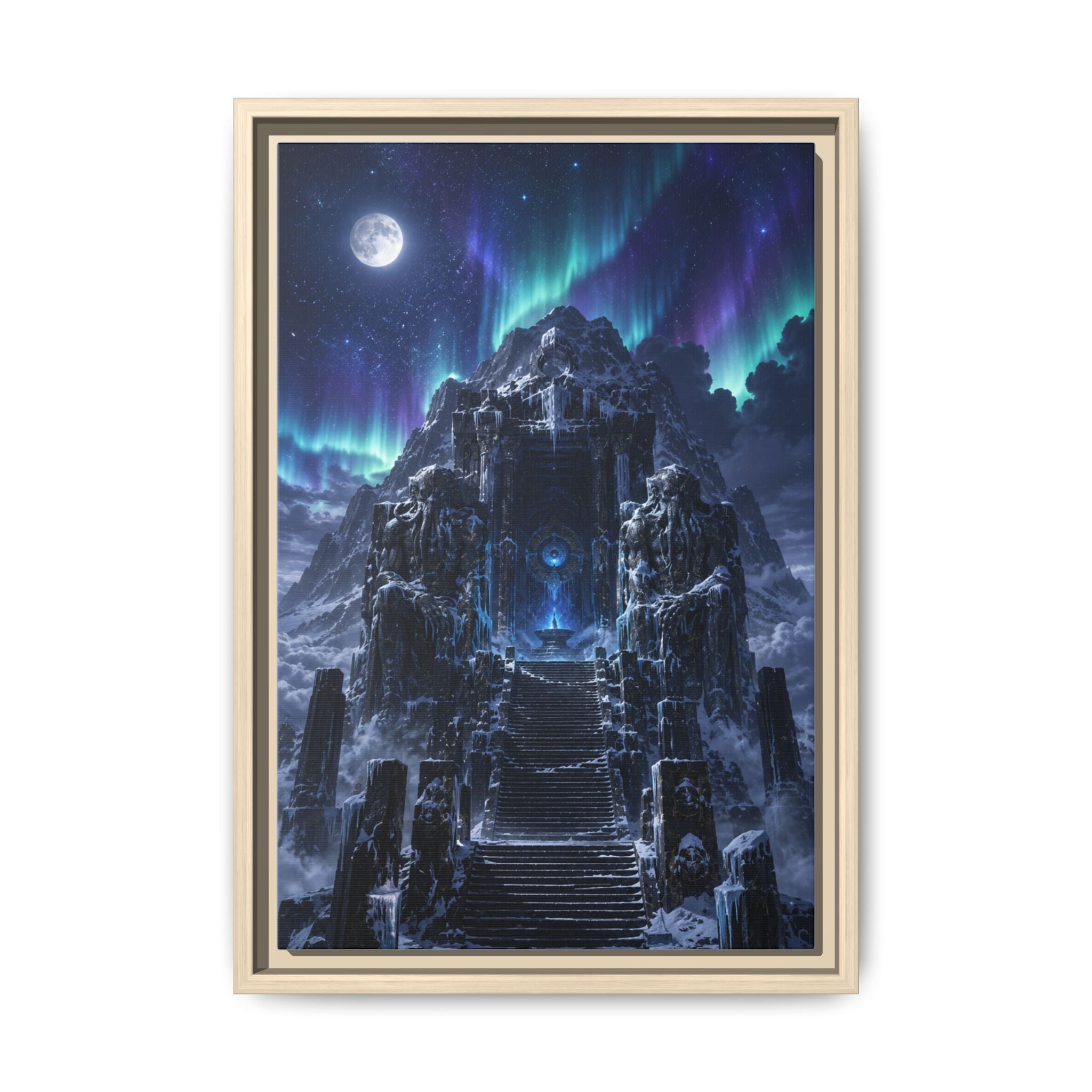 Aurora Mountain Fortress Matte Canvas Print (Framed) — Fantasy Nightscape Wall Art