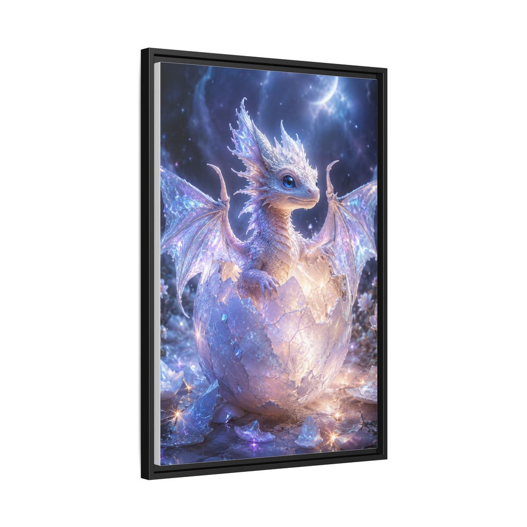 Framed Fantasy Dragon Canvas Print — Mystical Baby Dragon in Cracked Egg Wall Art