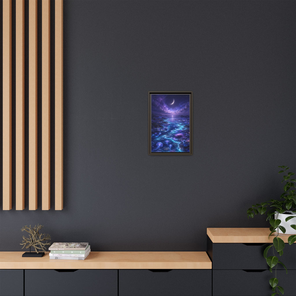 Framed Canvas Art — Bioluminescent Moonlit Ocean Scene
