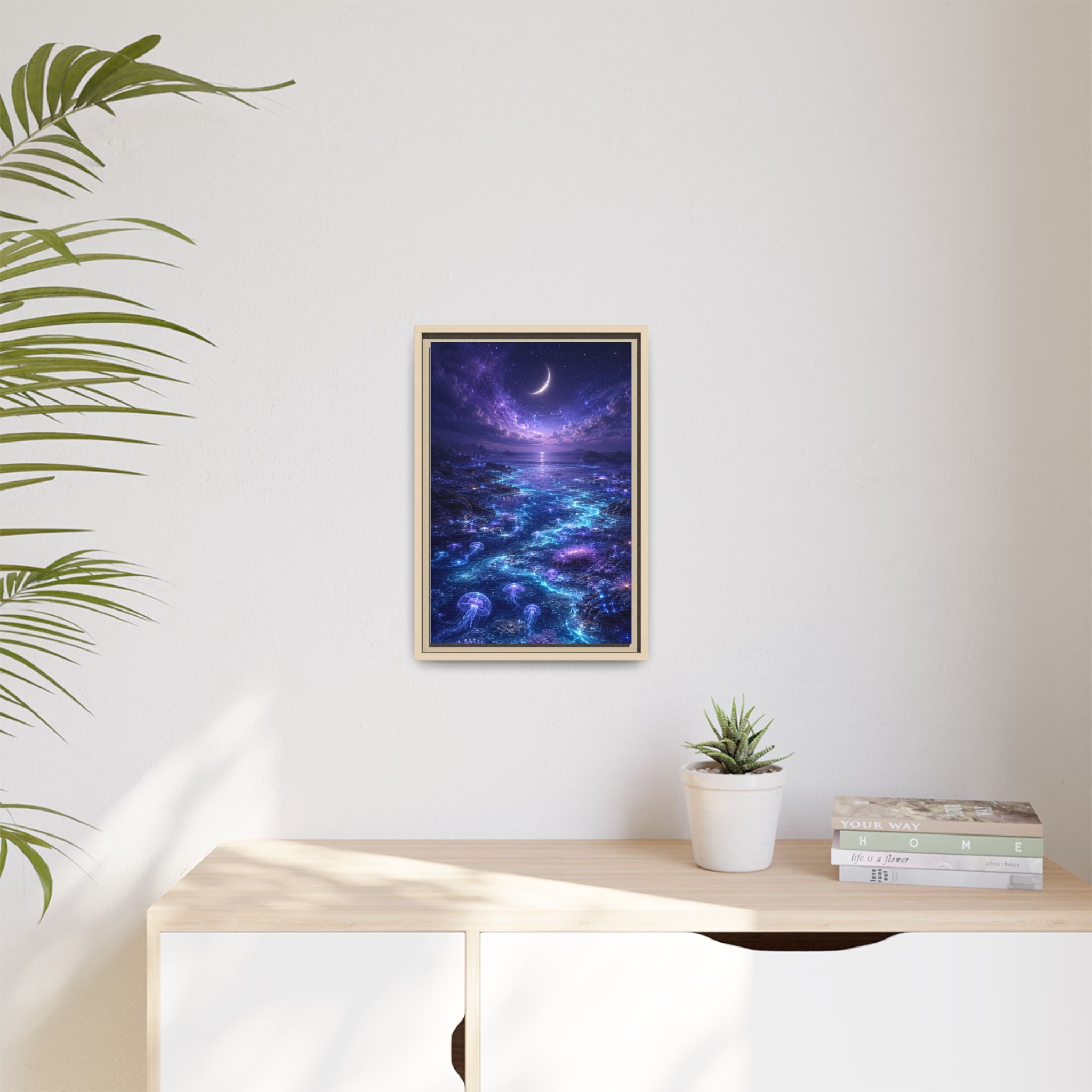 Framed Canvas Art — Bioluminescent Moonlit Ocean Scene