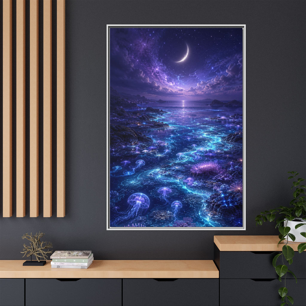 Framed Canvas Art — Bioluminescent Moonlit Ocean Scene