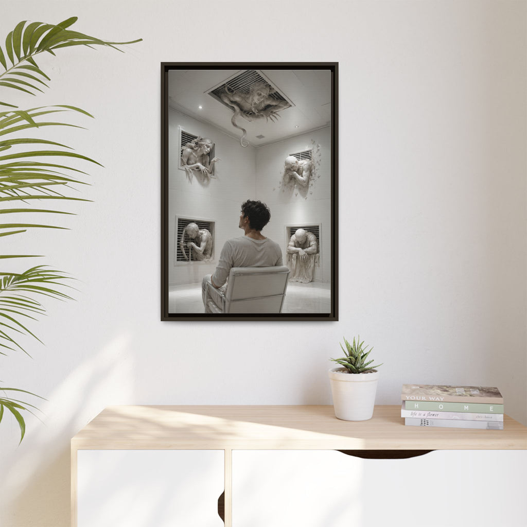 Surreal Wall Art Canvas — Man in Gallery with Sculpted Figures, Framed Matte Print