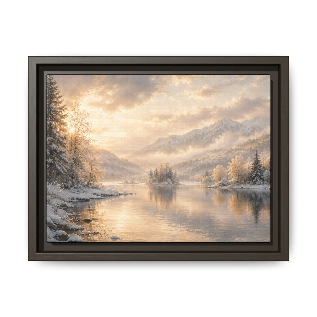 Framed Framed Canvas Print — Serene Golden Mountain Lake Landscape