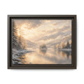 Framed Framed Canvas Print — Serene Golden Mountain Lake Landscape