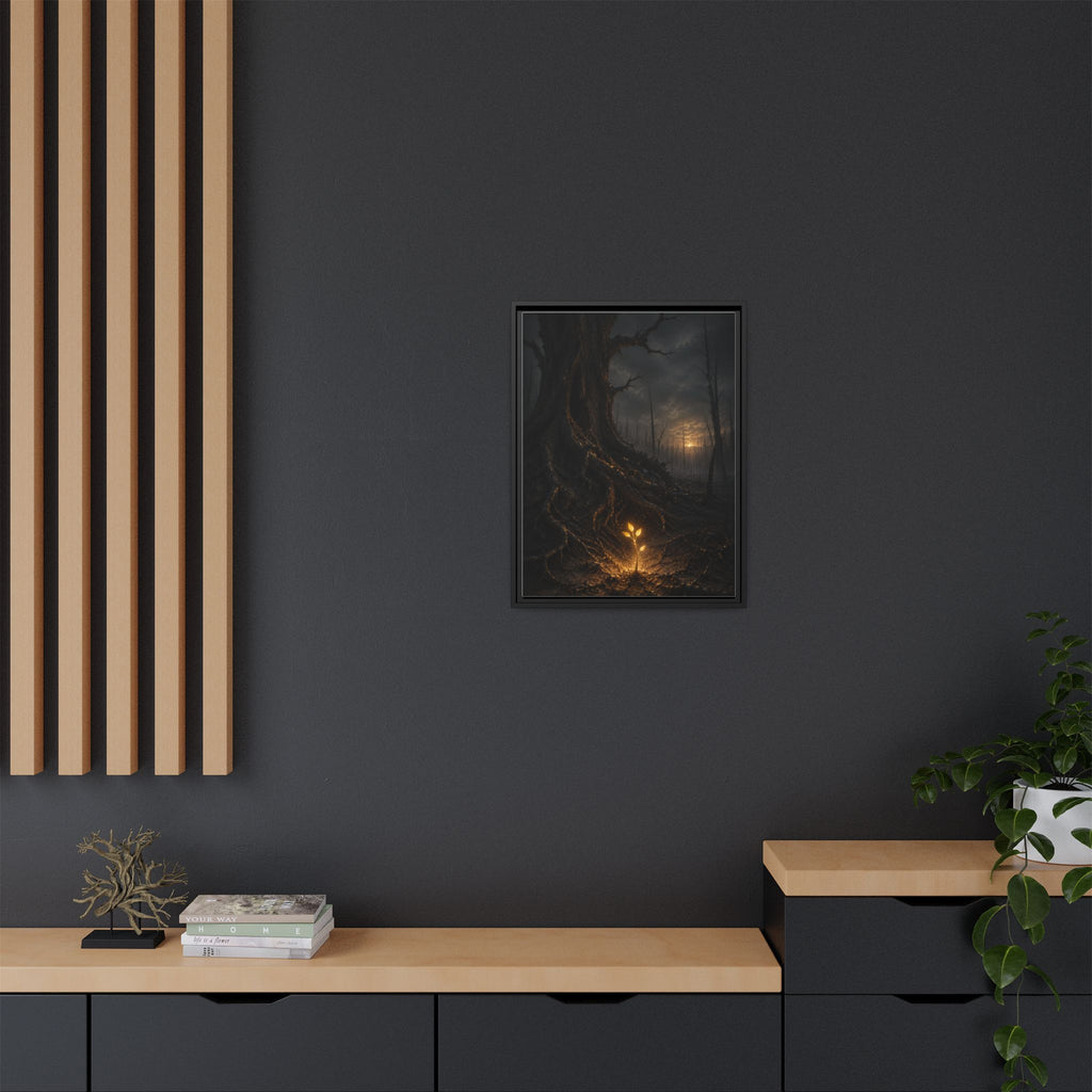 Framed Matte Canvas — Glow Sprout in Dark Forest (Ethereal Fantasy Wall Art)