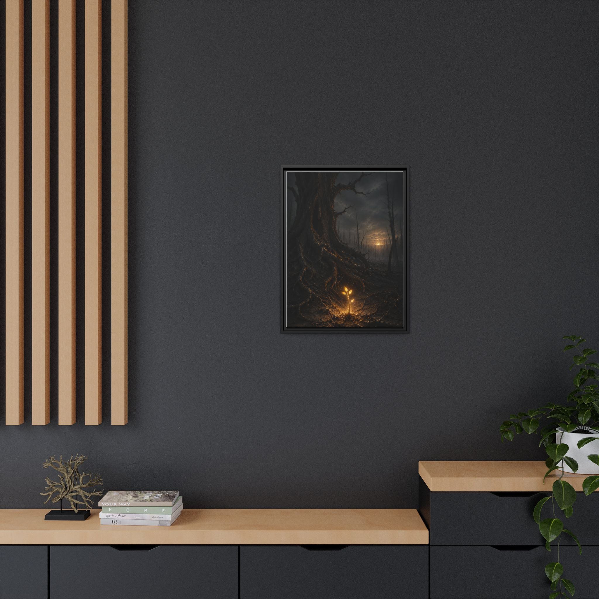 Framed Matte Canvas — Glow Sprout in Dark Forest (Ethereal Fantasy Wall Art)
