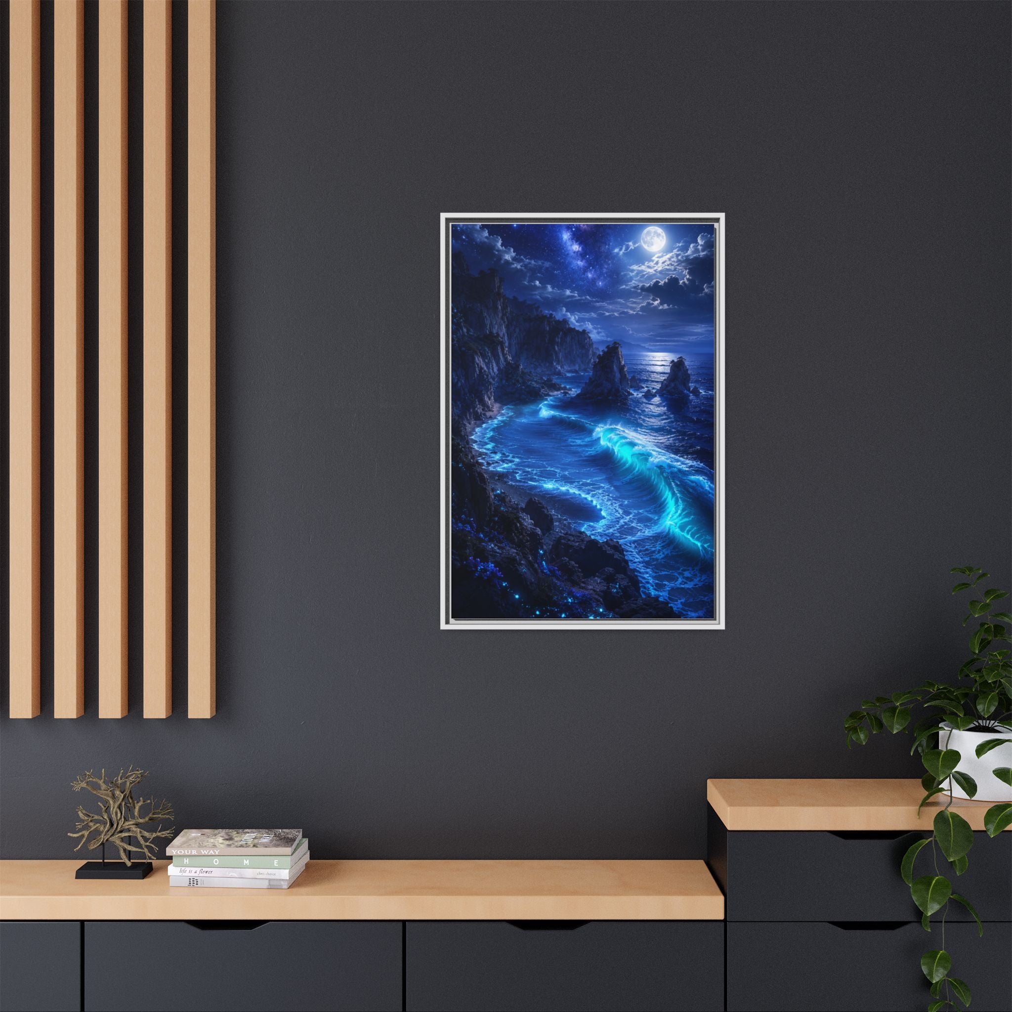 Framed Matte Canvas: Luminous Moonlit Ocean Art Print
