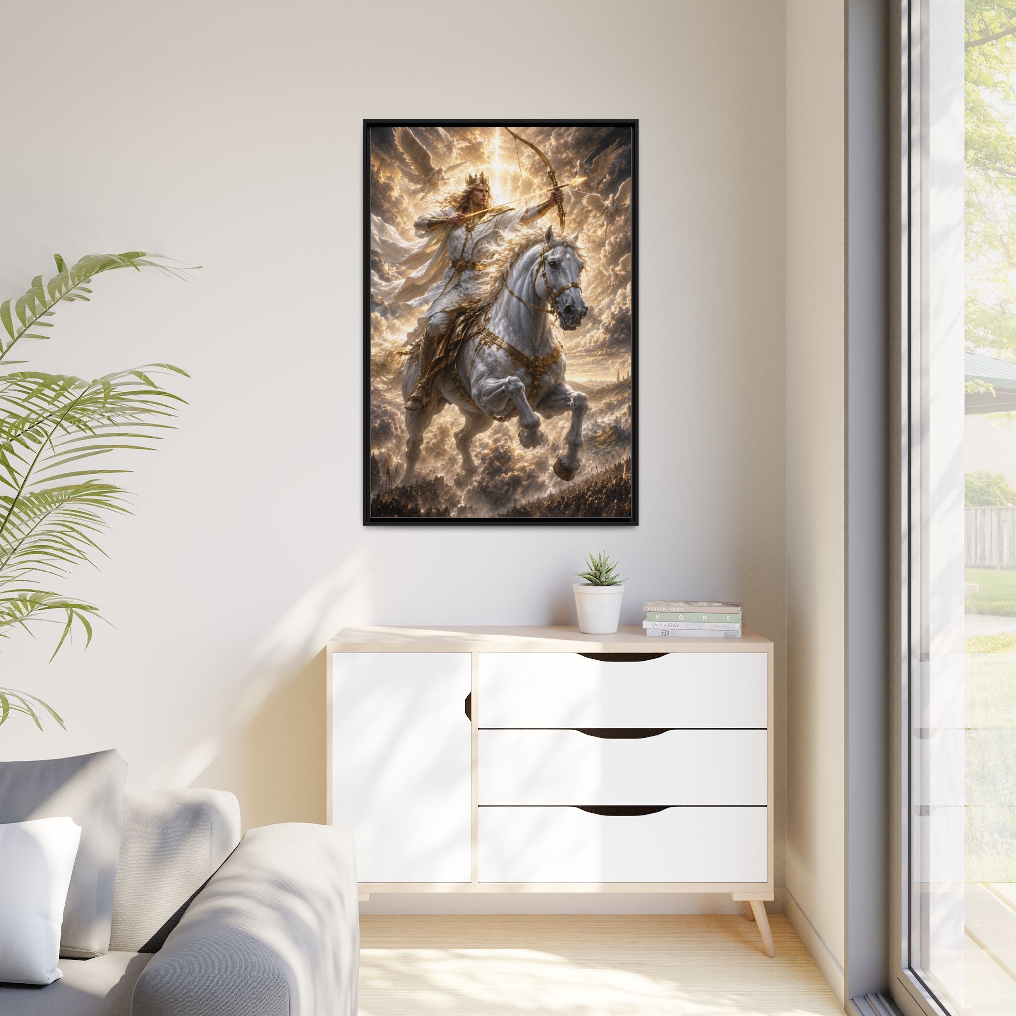 Mythic Warrior on White Steed — Framed Matte Canvas Wall Art