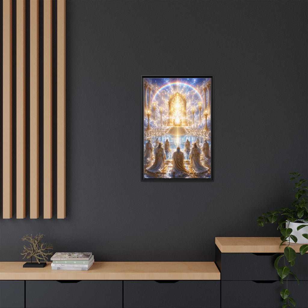 Heavenly Throne Room Matte Framed Canvas — Golden Angelic Realm Wall Art