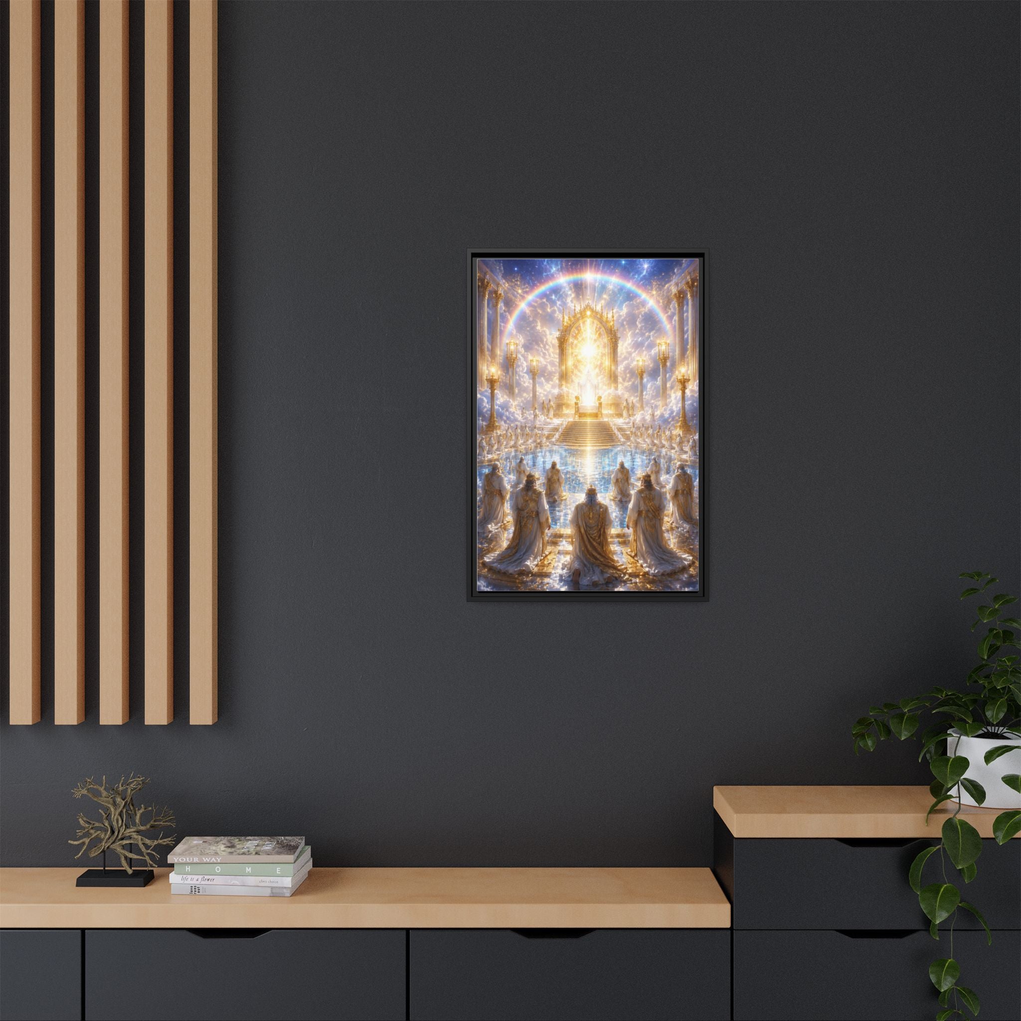 Heavenly Throne Room Matte Framed Canvas — Golden Angelic Realm Wall Art