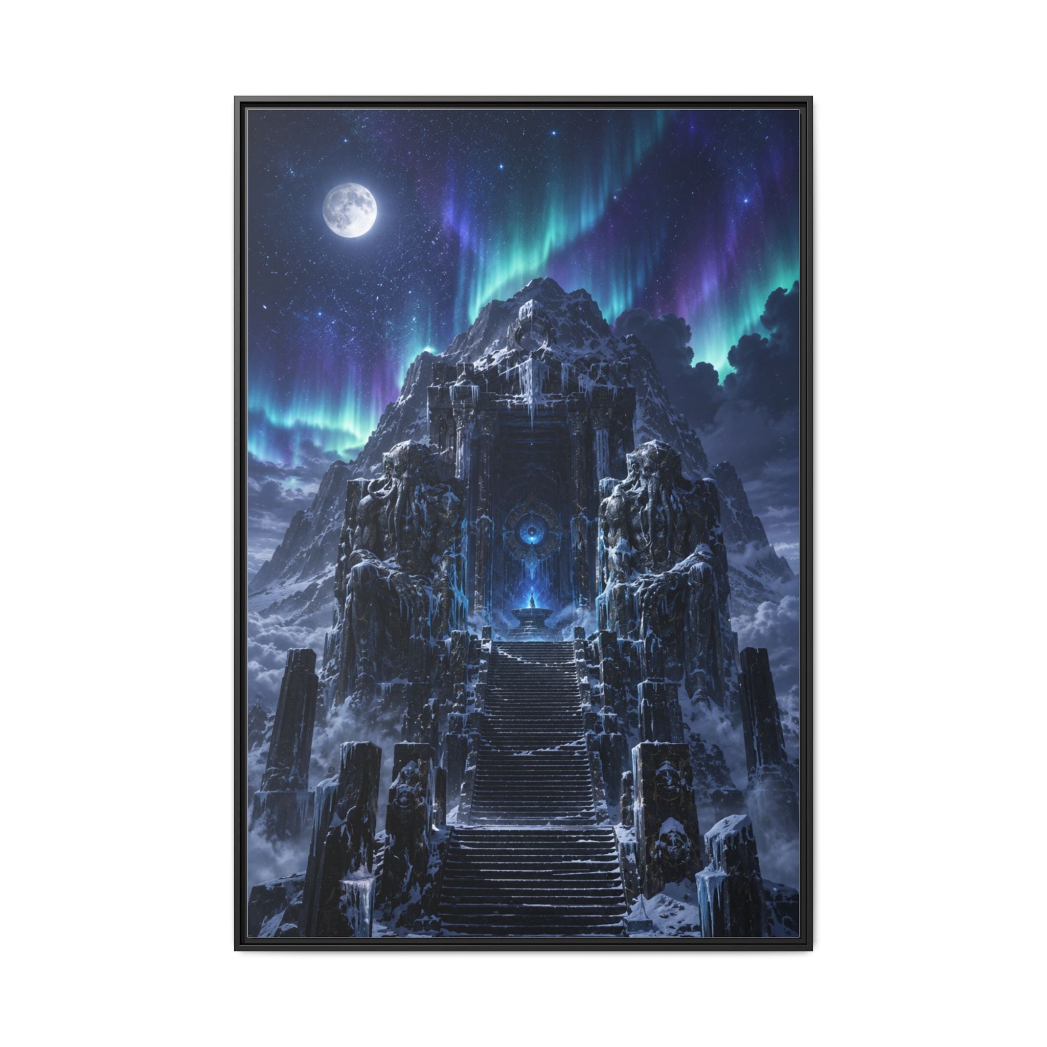 Aurora Mountain Fortress Matte Canvas Print (Framed) — Fantasy Nightscape Wall Art