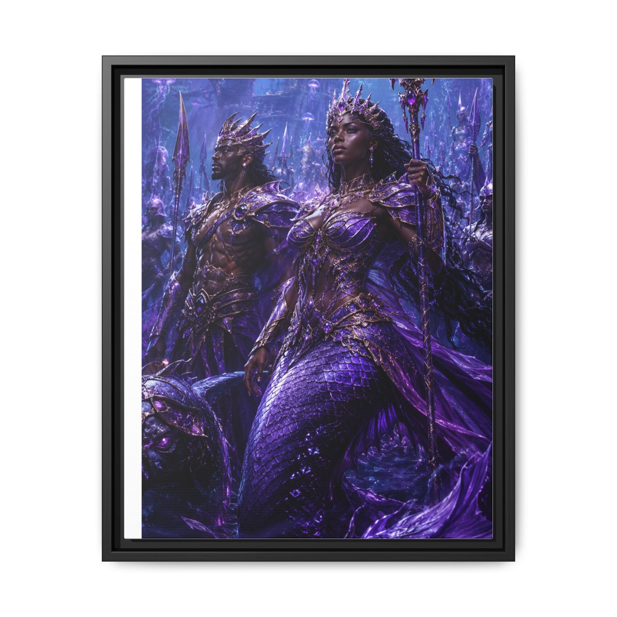 Framed Matte Canvas Print — Regal Underwater Merfolk Royalty (Purple)