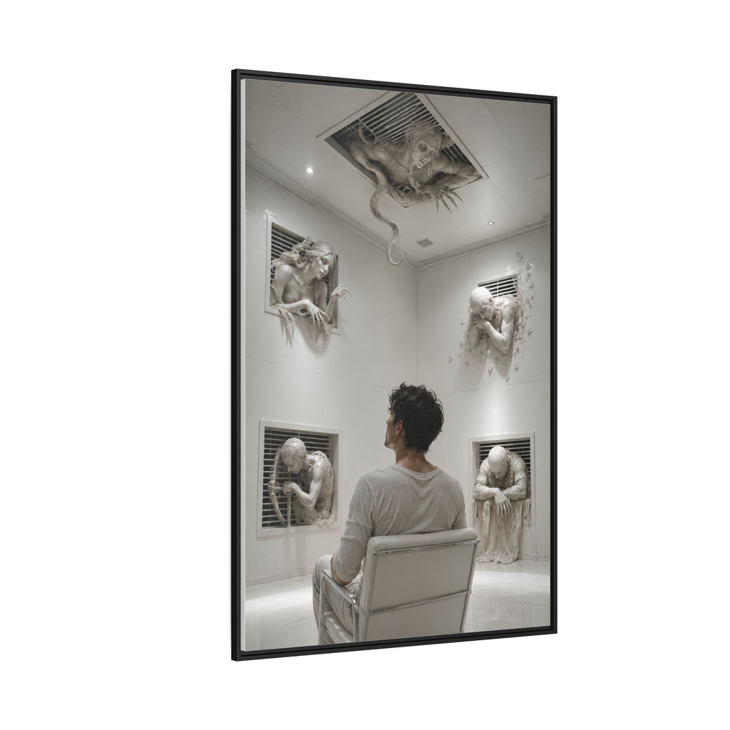 Surreal Wall Art Canvas — Man in Gallery with Sculpted Figures, Framed Matte Print