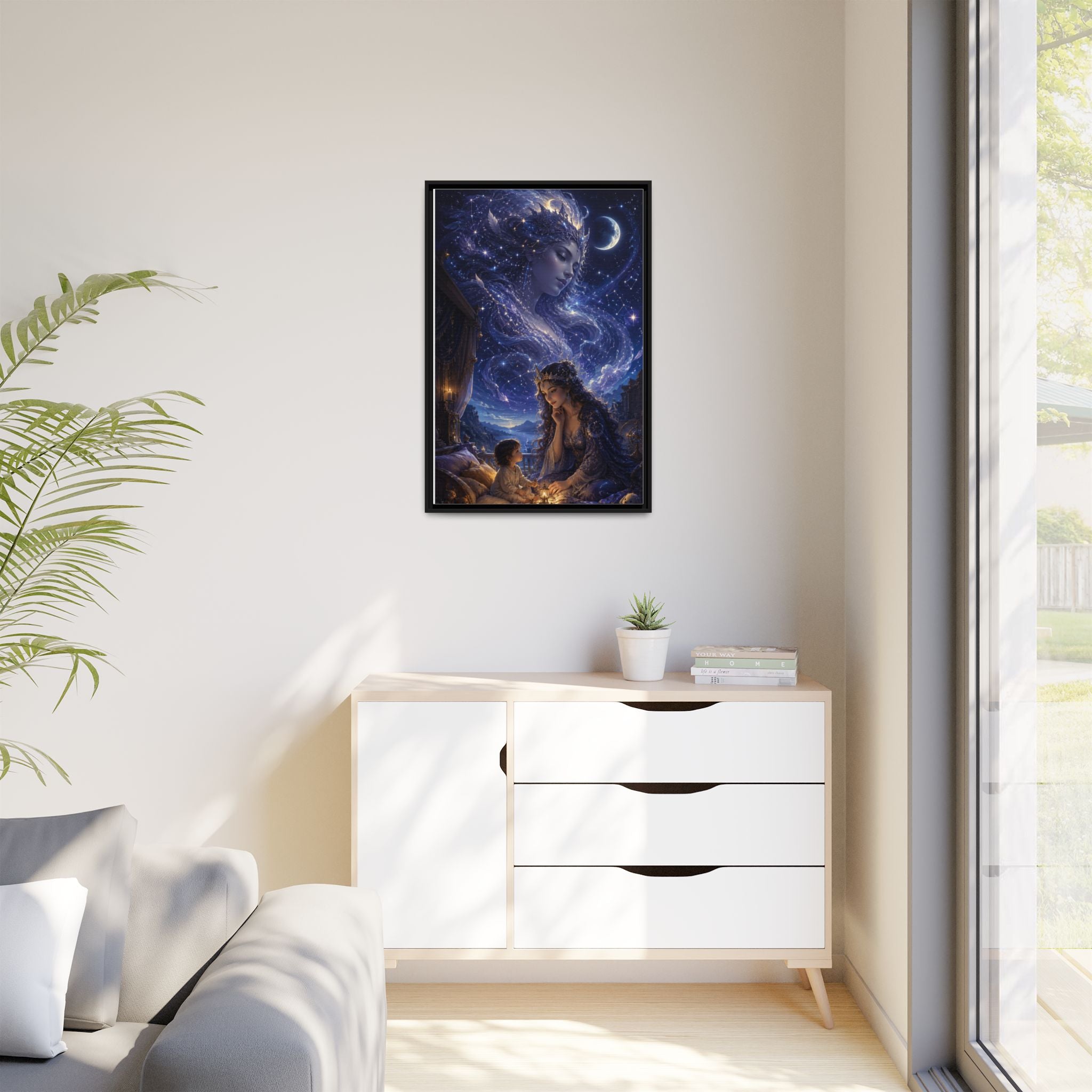 Framed Matte Canvas — Mystical Moon Mother & Child Nightscape Wall Art