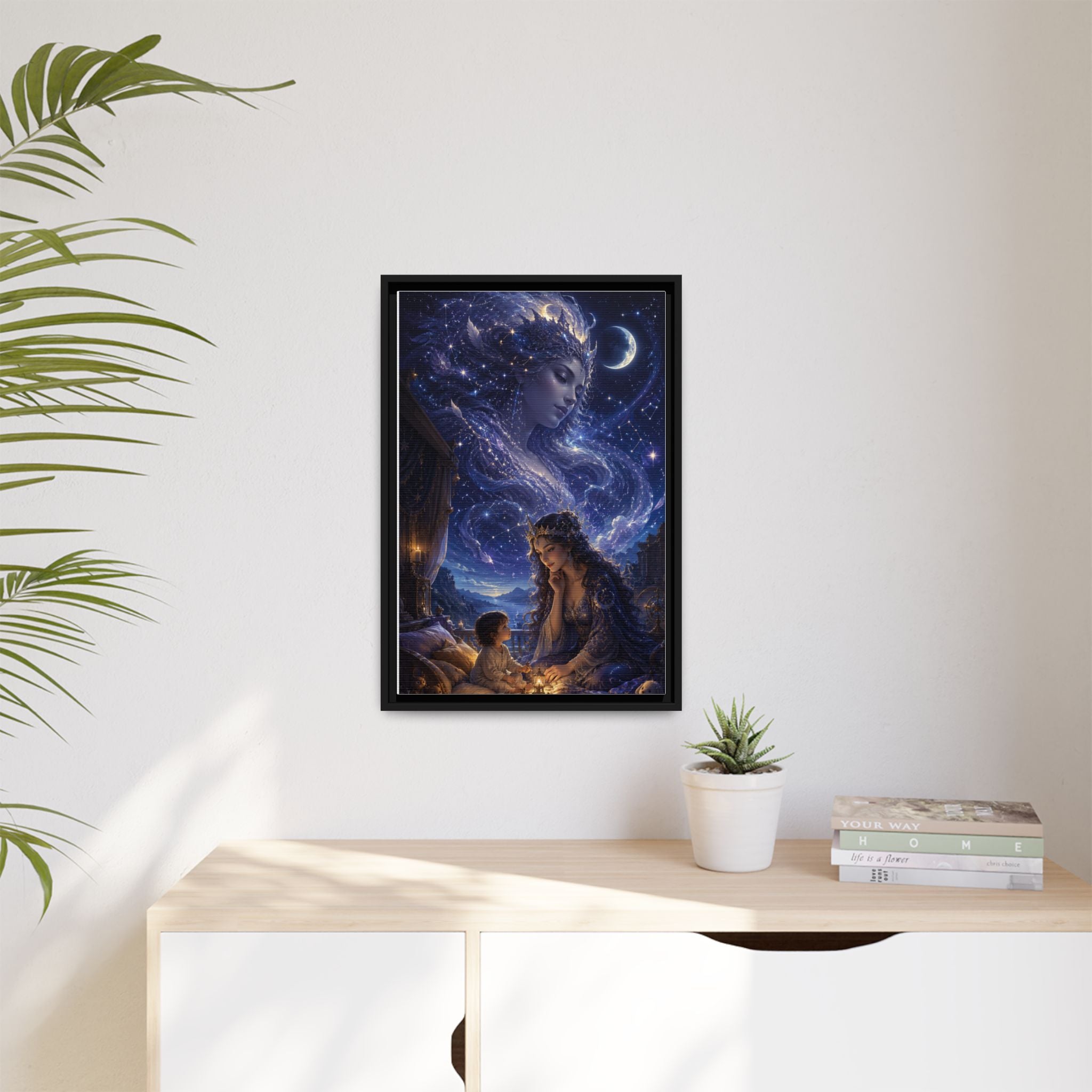 Framed Matte Canvas — Mystical Moon Mother & Child Nightscape Wall Art