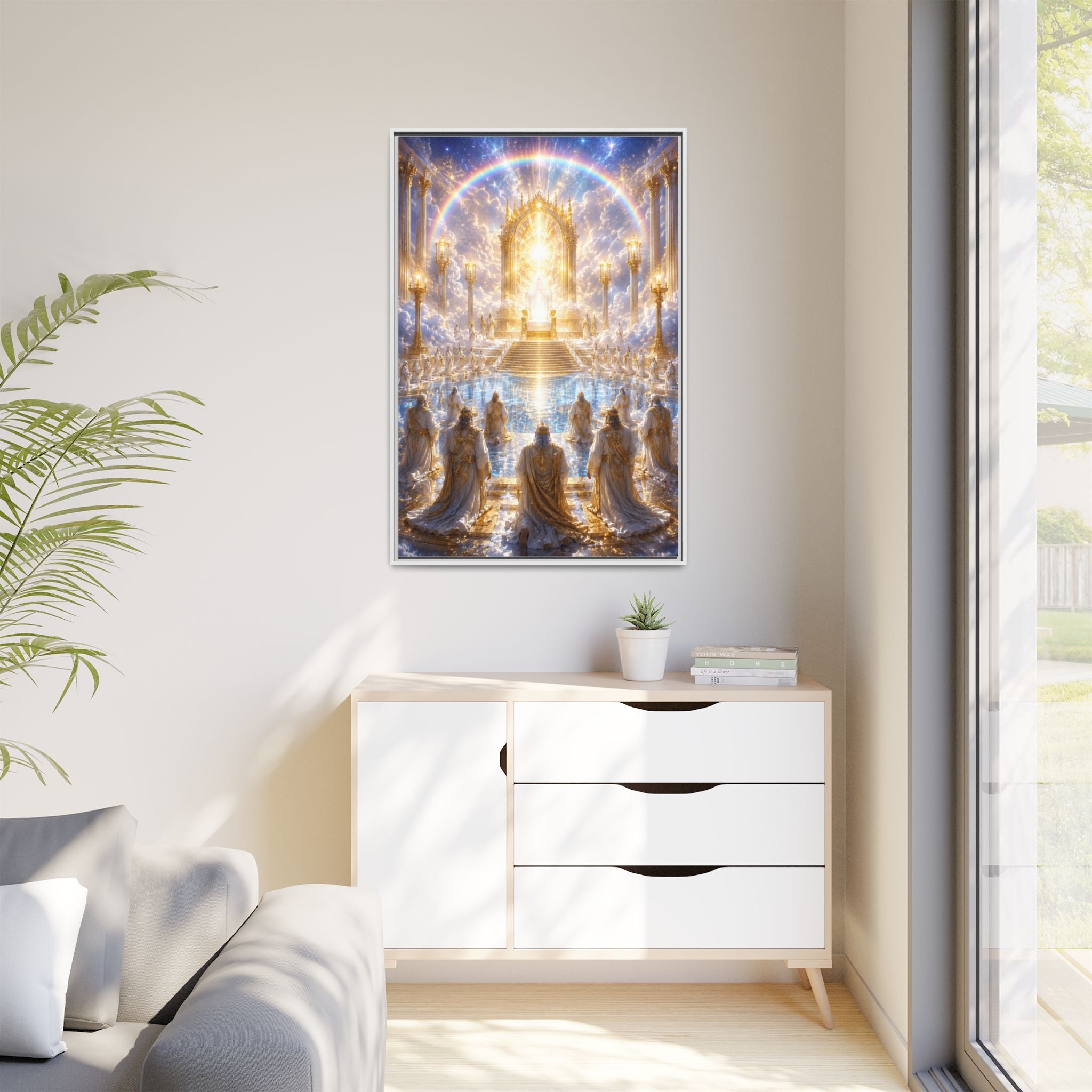Heavenly Throne Room Matte Framed Canvas — Golden Angelic Realm Wall Art