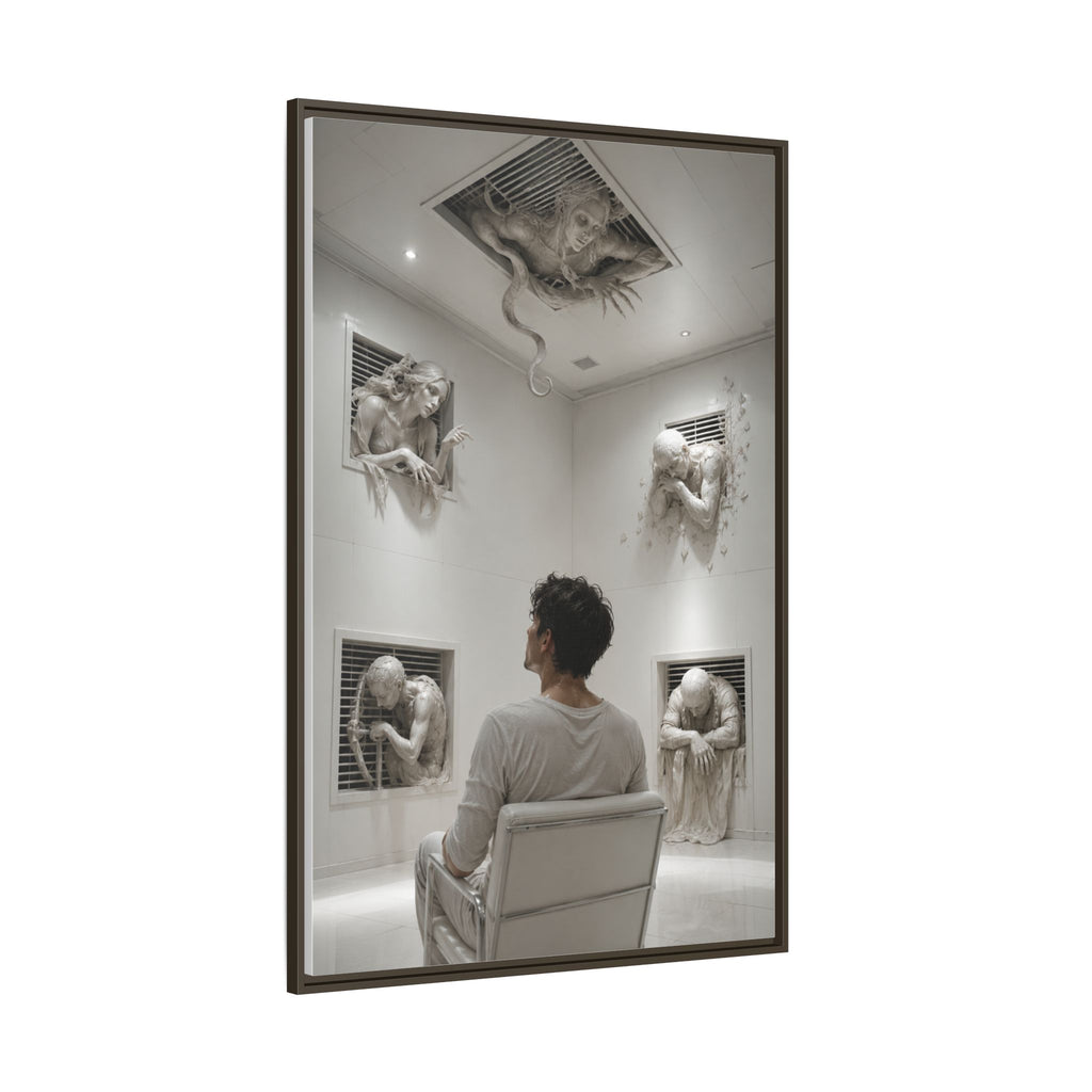 Surreal Wall Art Canvas — Man in Gallery with Sculpted Figures, Framed Matte Print