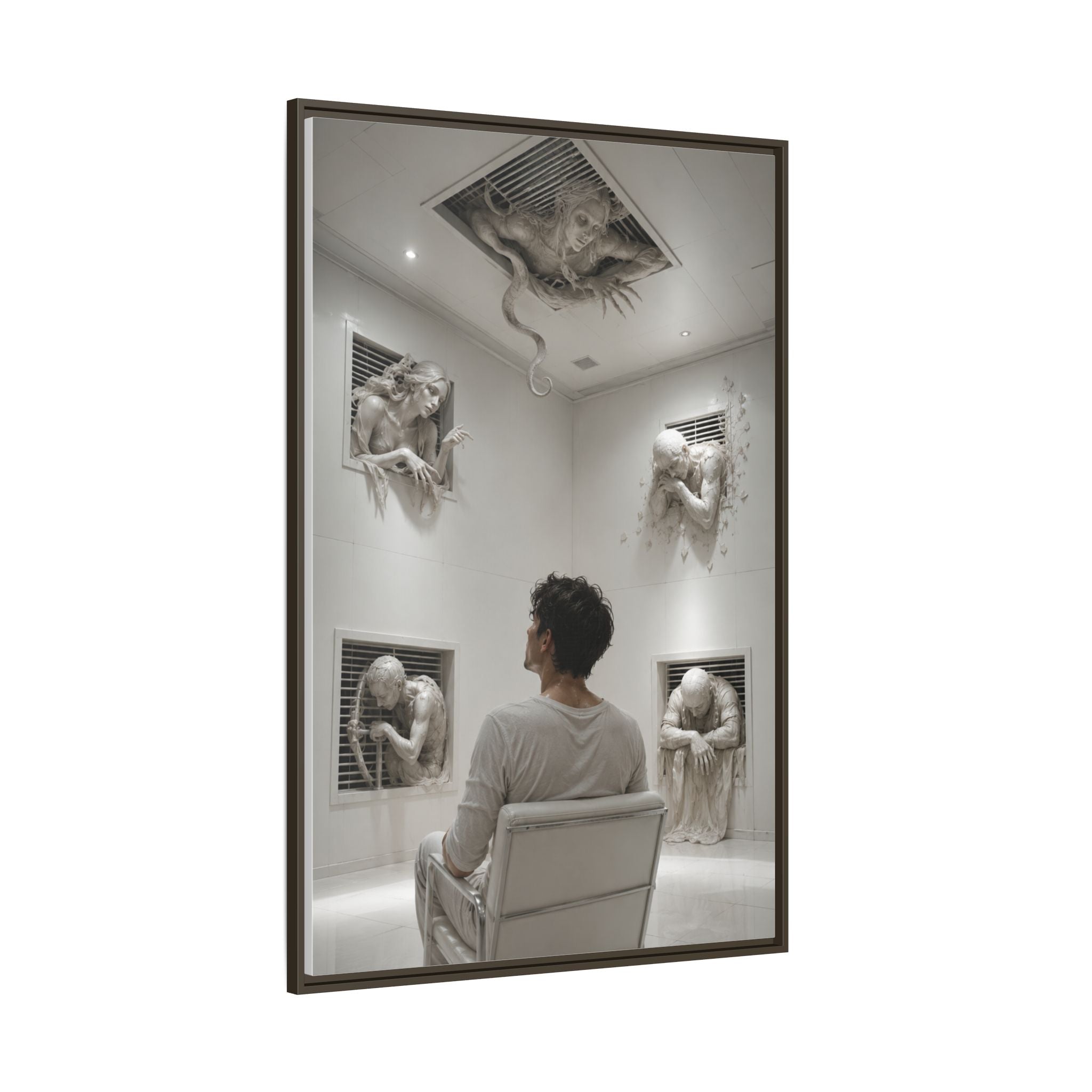 Surreal Wall Art Canvas — Man in Gallery with Sculpted Figures, Framed Matte Print