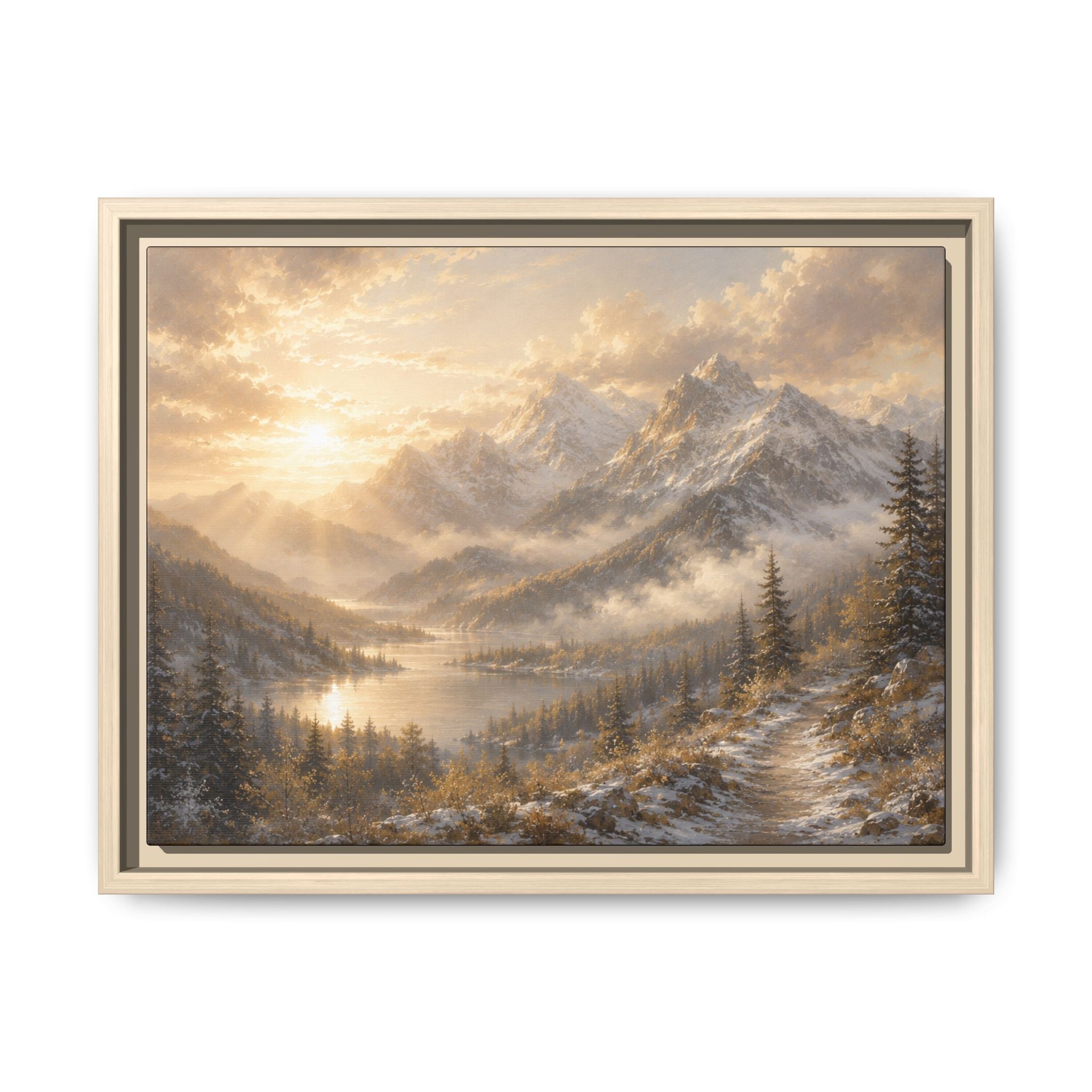 Golden Mountain Mist Framed Canvas Print — Framed Landscape Wall Art