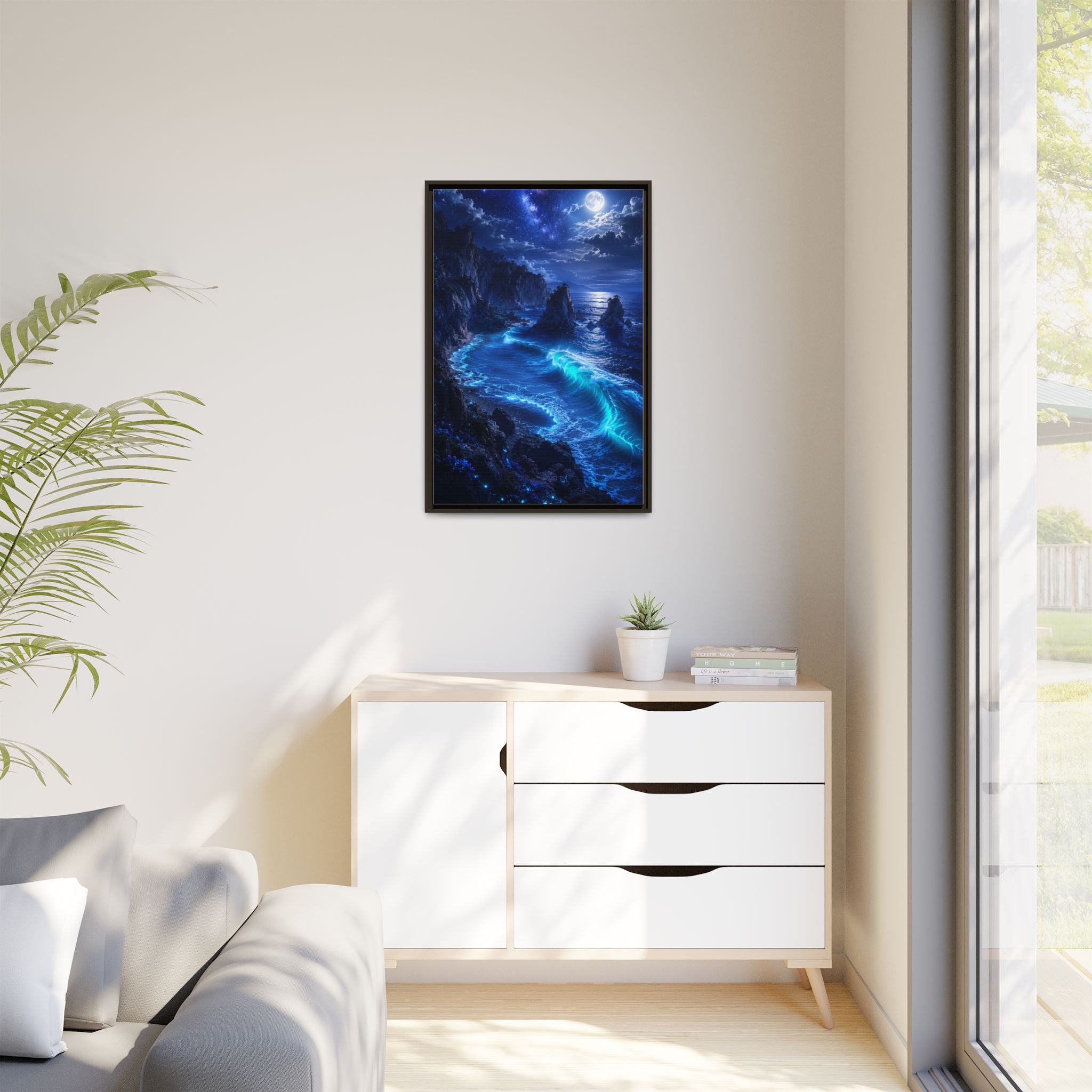 Framed Matte Canvas: Luminous Moonlit Ocean Art Print