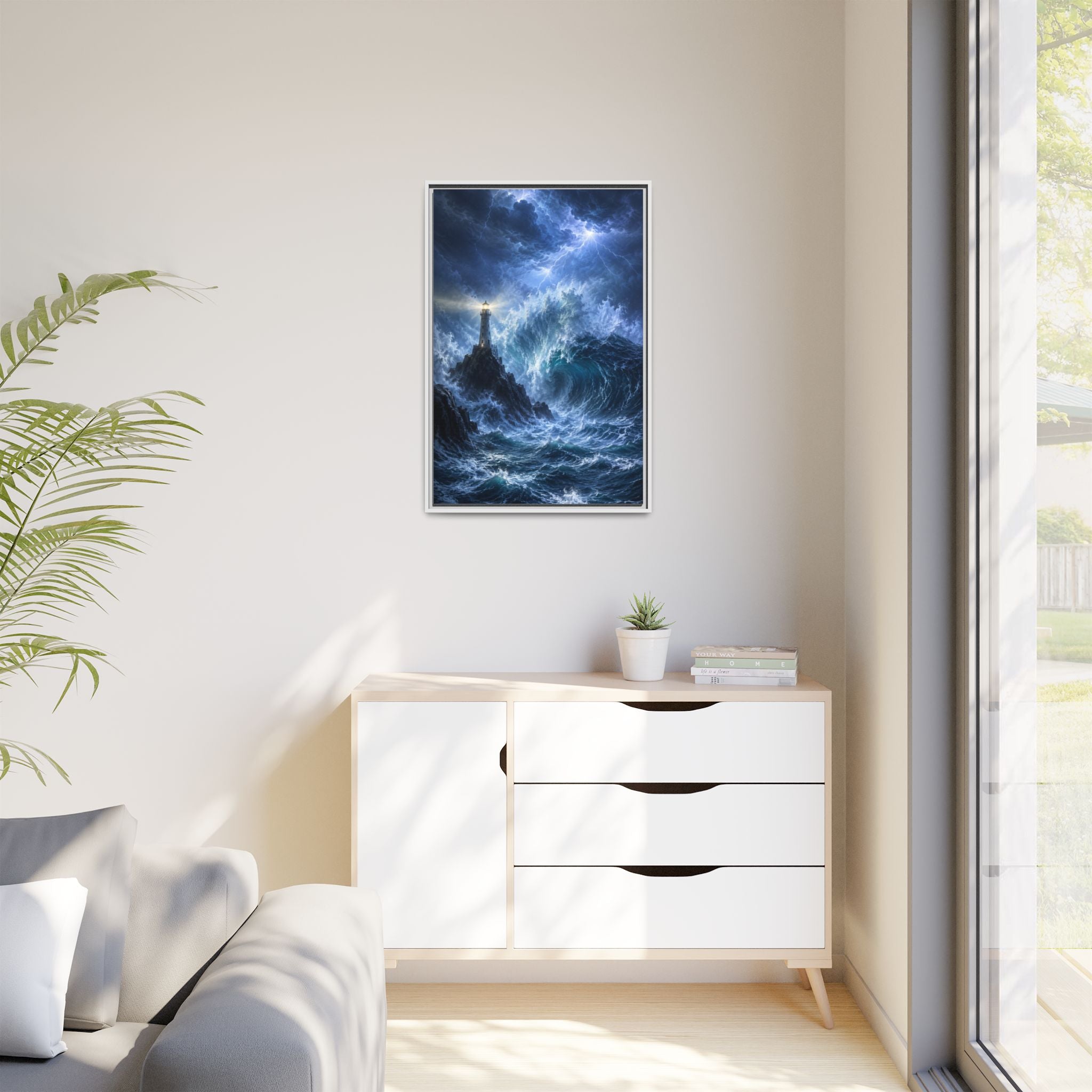 Framed Matte Canvas – Stormy Lighthouse Ocean Print