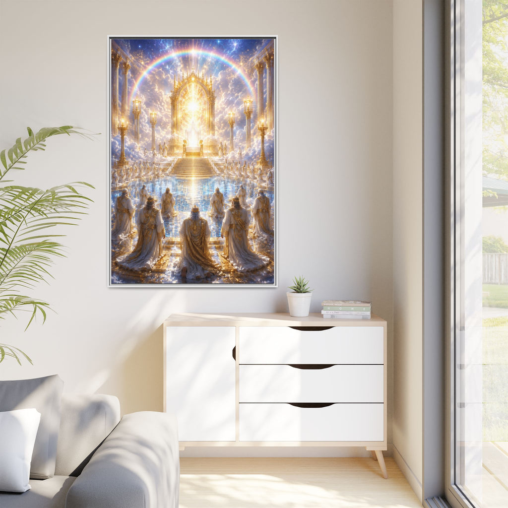 Heavenly Throne Room Matte Framed Canvas — Golden Angelic Realm Wall Art