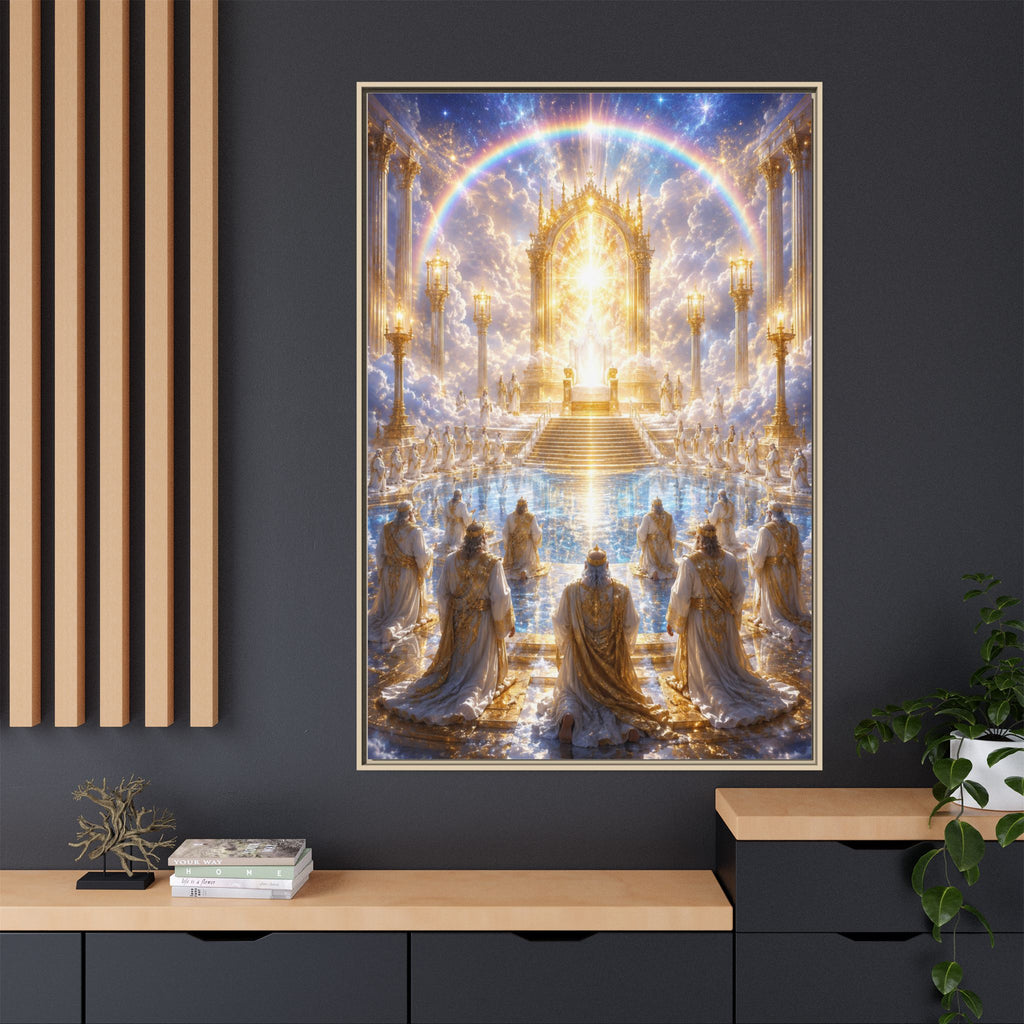 Heavenly Throne Room Matte Framed Canvas — Golden Angelic Realm Wall Art