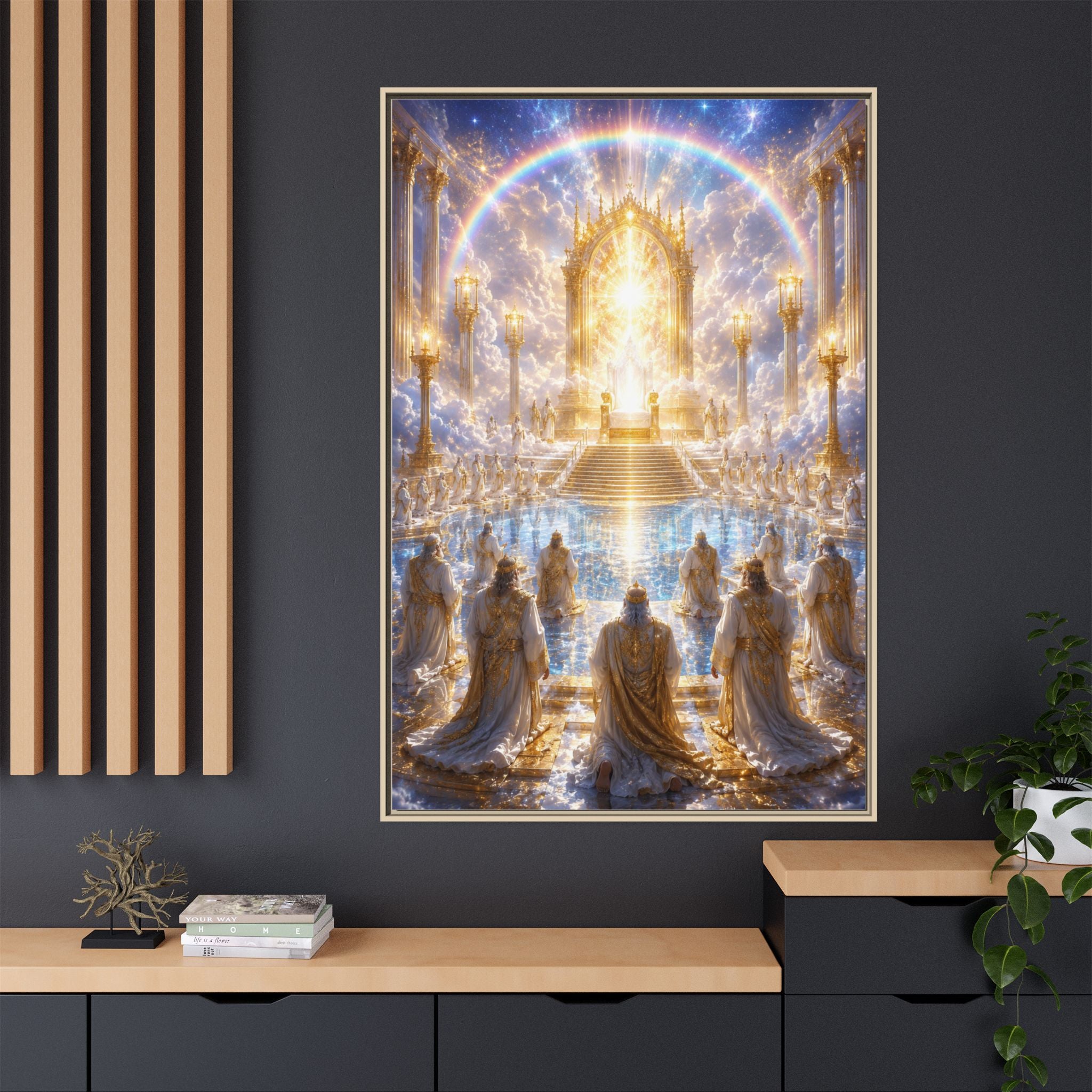 Heavenly Throne Room Matte Framed Canvas — Golden Angelic Realm Wall Art