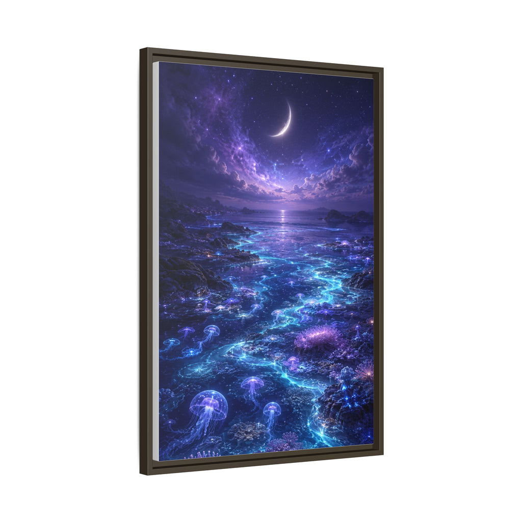 Framed Canvas Art — Bioluminescent Moonlit Ocean Scene