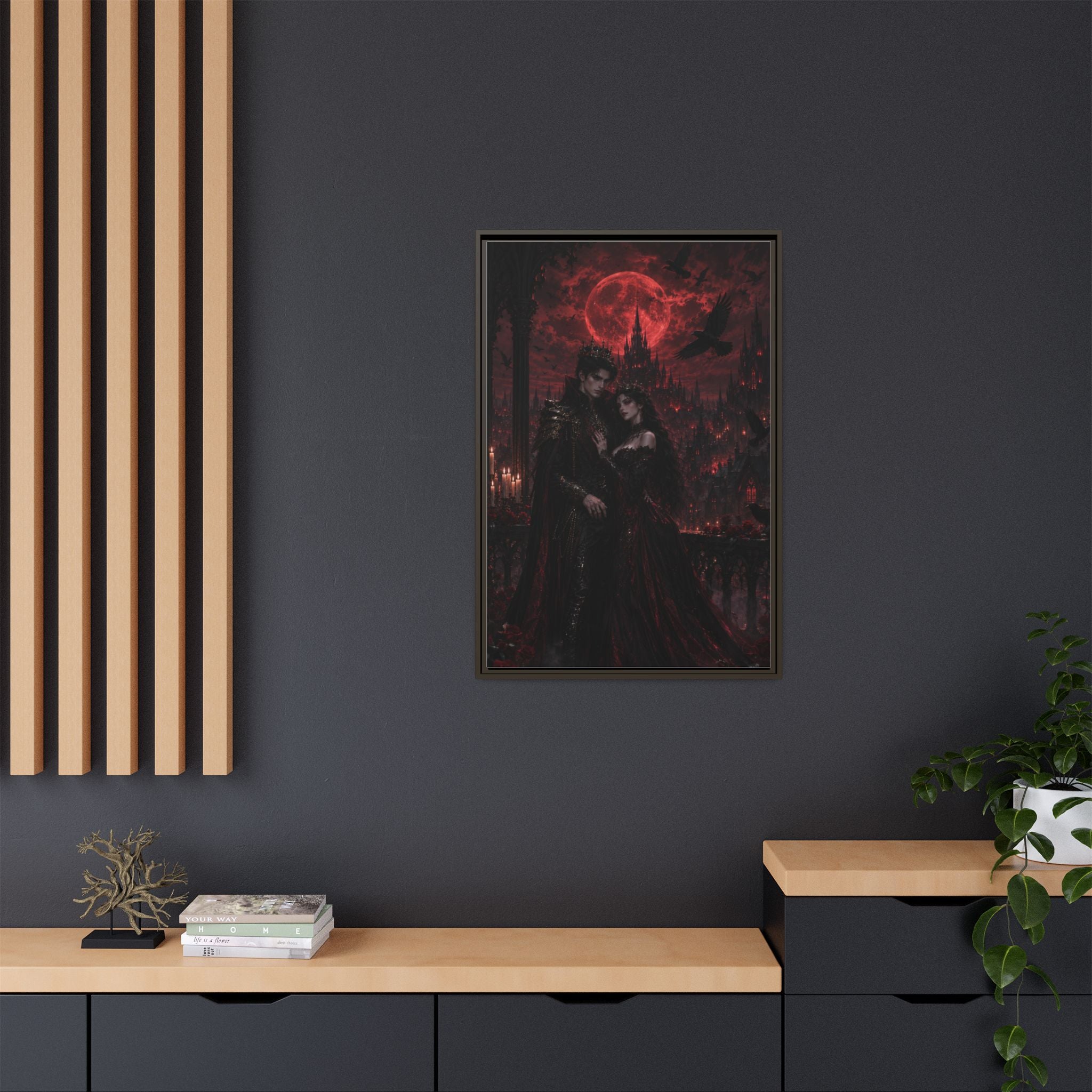 Vampire Lovers Matte Framed Canvas — Gothic Red Moon Wall Art