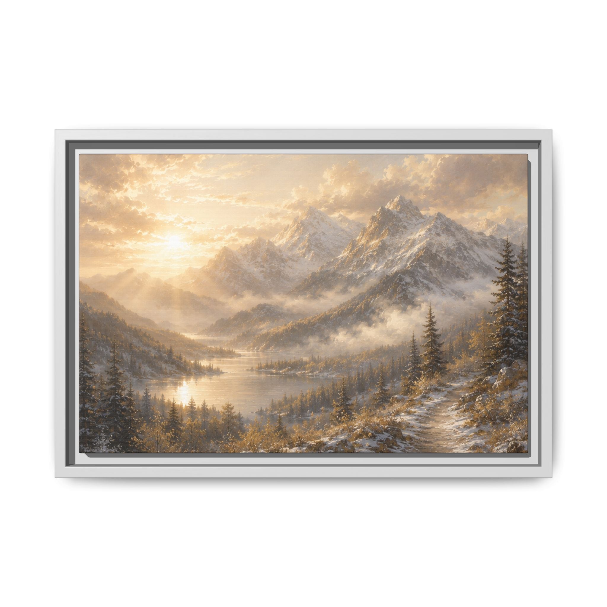 Golden Mountain Mist Framed Canvas Print — Framed Landscape Wall Art