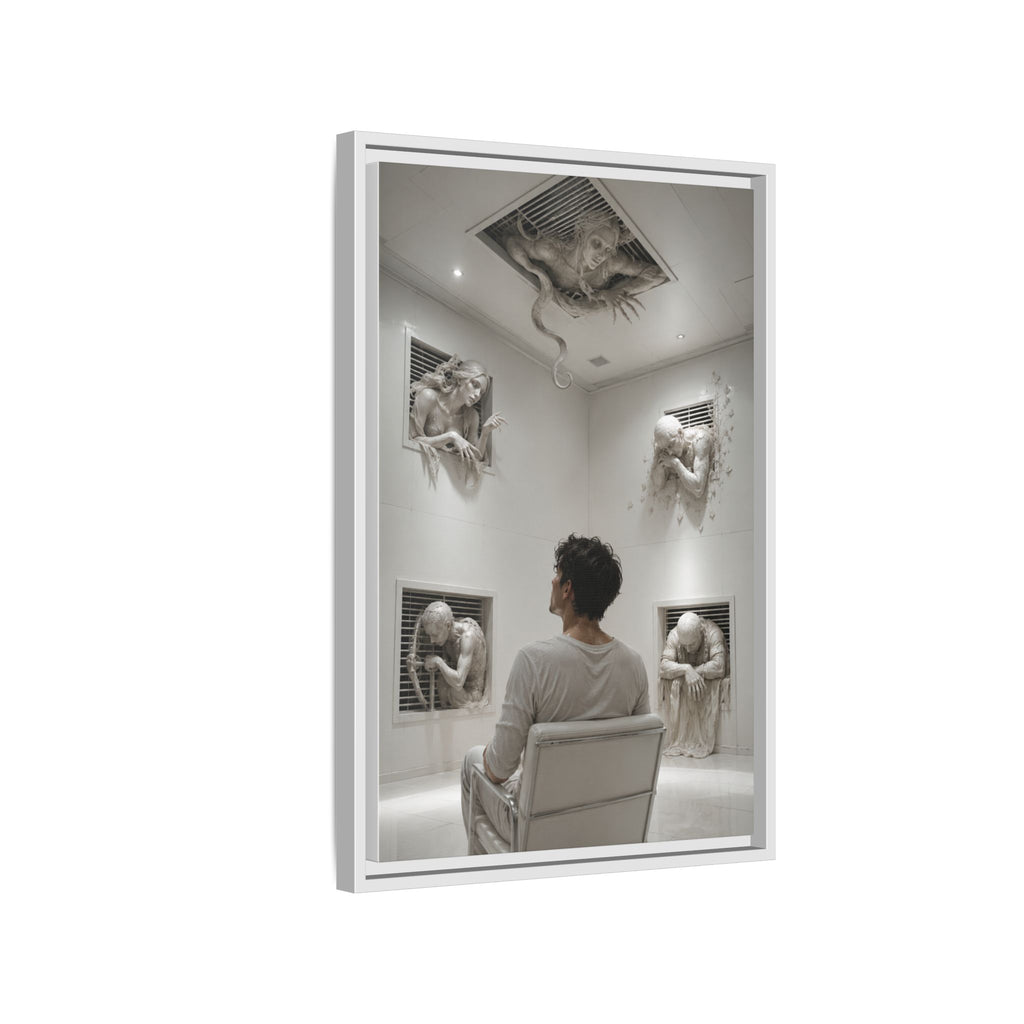 Surreal Wall Art Canvas — Man in Gallery with Sculpted Figures, Framed Matte Print