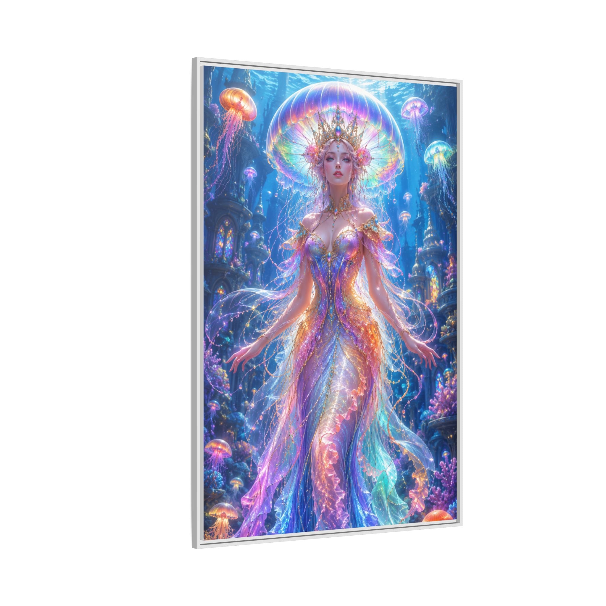 Jellyfish Queen Framed Canvas Art — Vibrant Mermaid Goddess Wall Print