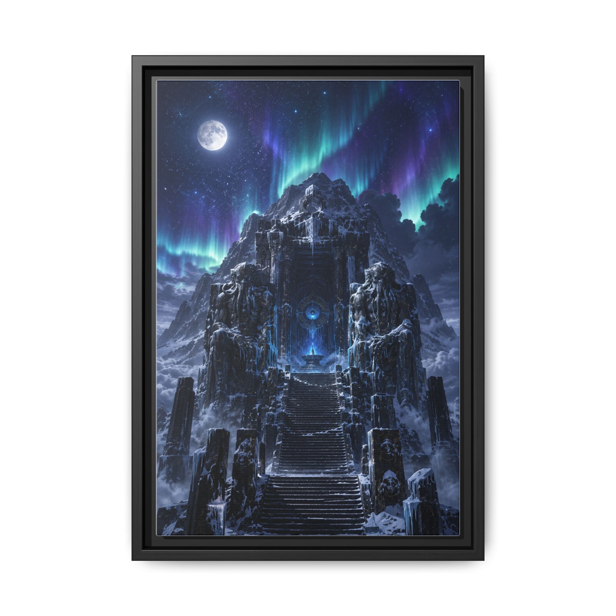 Aurora Mountain Fortress Matte Canvas Print (Framed) — Fantasy Nightscape Wall Art